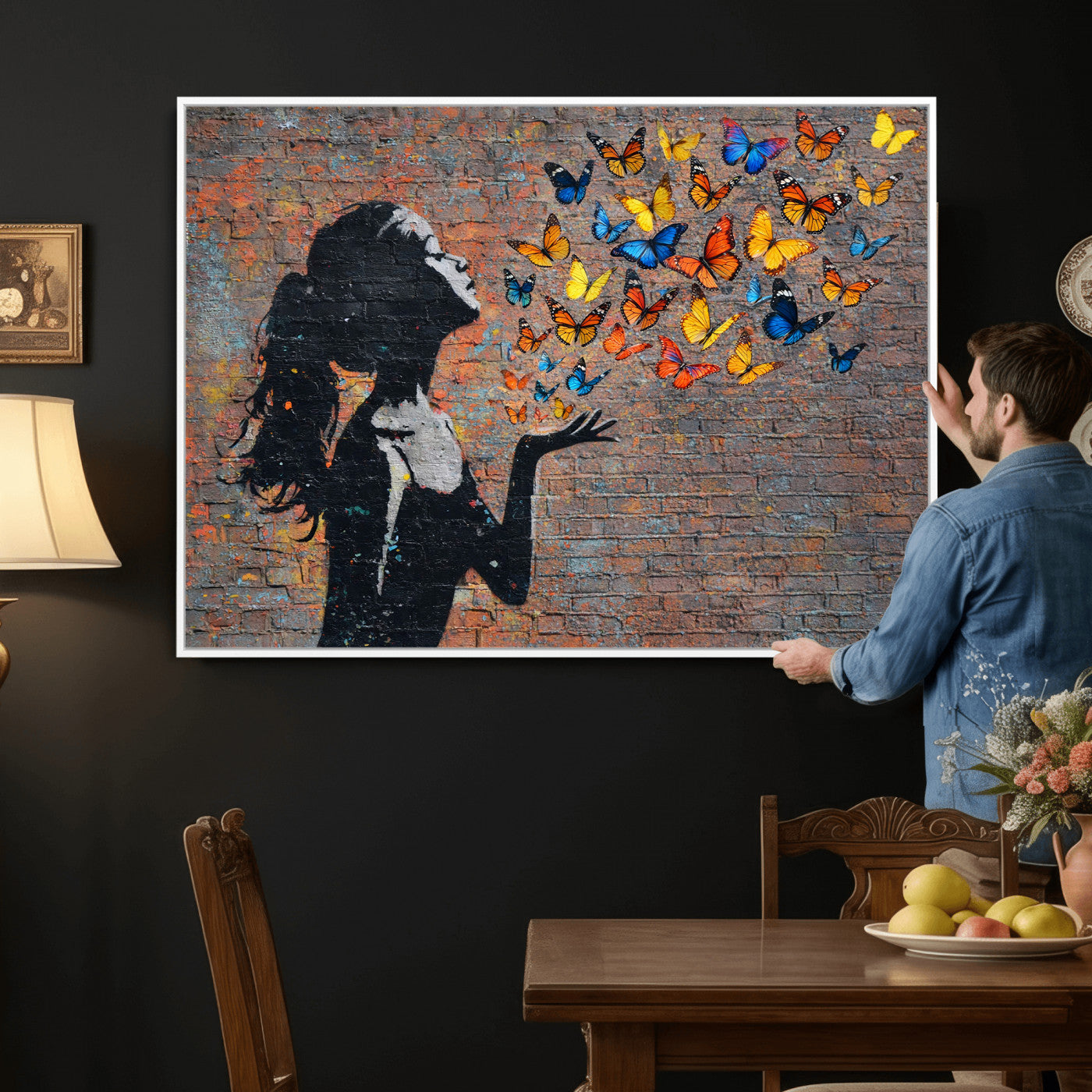 10555939-MGV-CV-36X24 - Urban Banksy Butterfly Girl Wall Art Canvas Print, Framed Street Art Canvas Print, Graffiti Silhouette Butterfly Wall Art for Living Room Bedroom Office