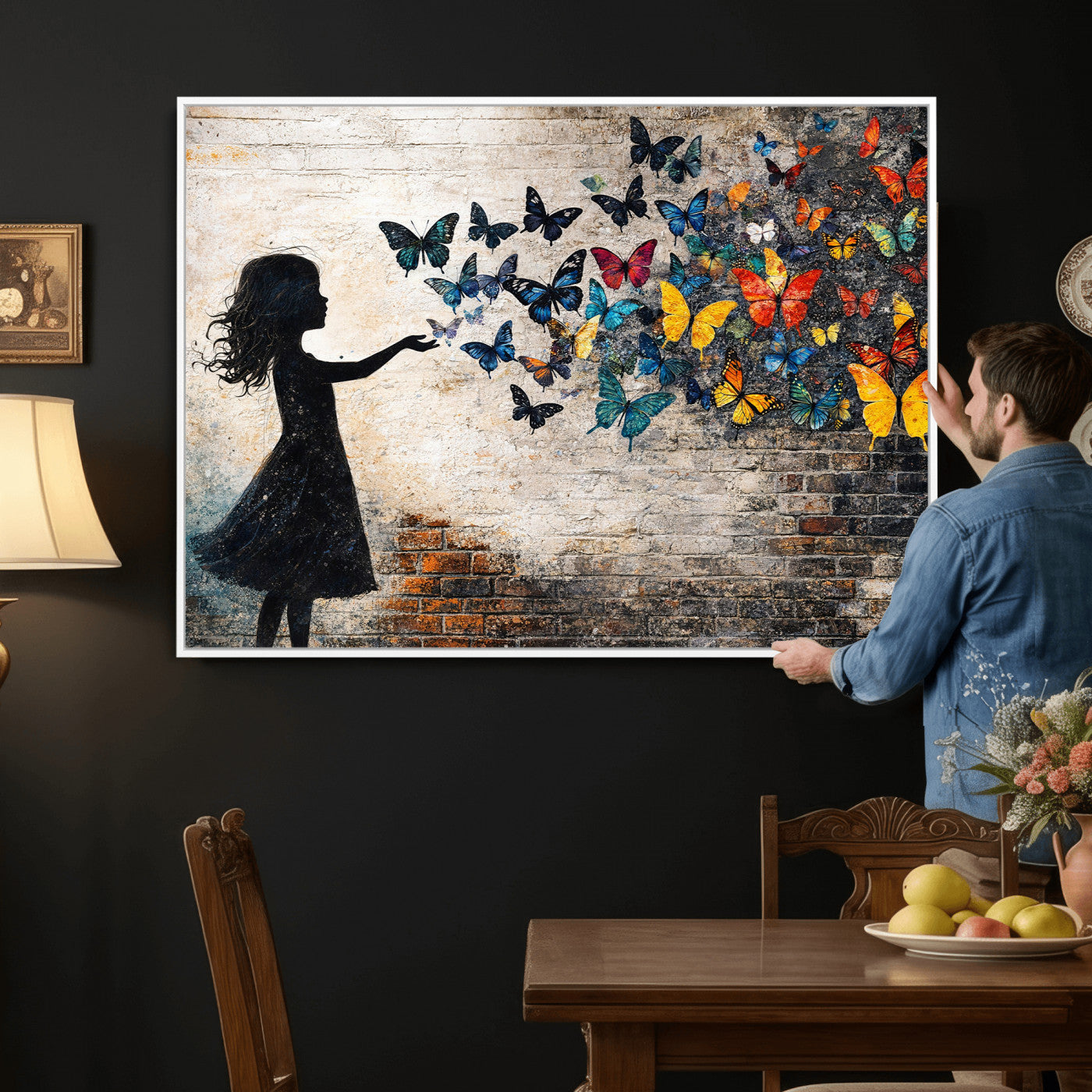 70522594-MGV-CV-36X24 - Banksy Butterfly Girl Wall Art Canvas Print, Framed Street Art Canvas Print, Graffiti Silhouette Butterfly Wall Art for Living Room Bedroom Office