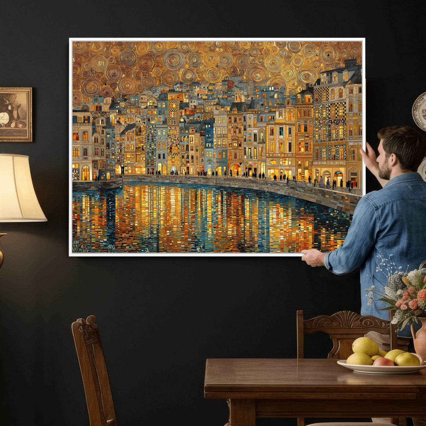 94022787-MGV-CV-36X24 - Gustav Klimt Golden Cityscape Wall Art Canvas Print, Framed River Town Landscape Artwork, Ornate Architecture Wall Decor for Living Room Bedroom Office