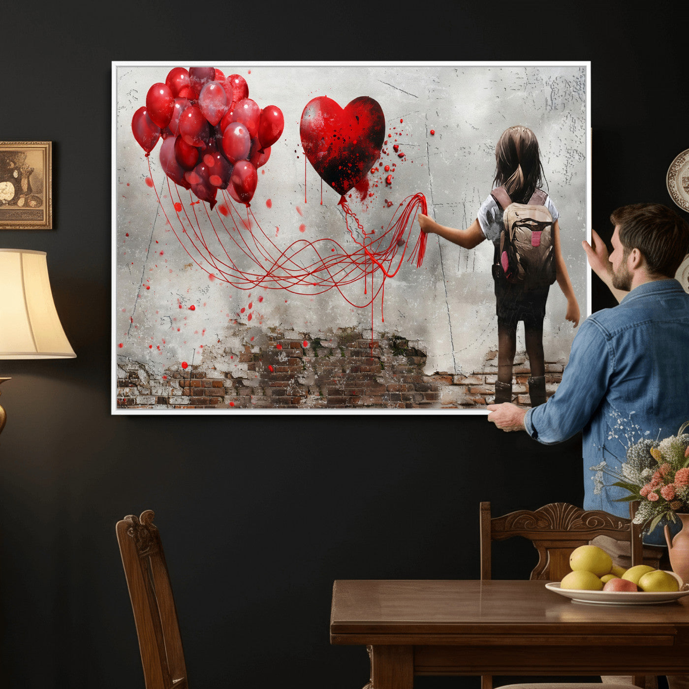 2162830T-MGV-CV-36X24 - Girl Graffiti Wall Art Canvas Print, Red Balloon Heart Street Art, Urban Love Artwork for Living Room Bedroom Hallway Office, Modern Abstract Canvas Wall Decor Home Decor