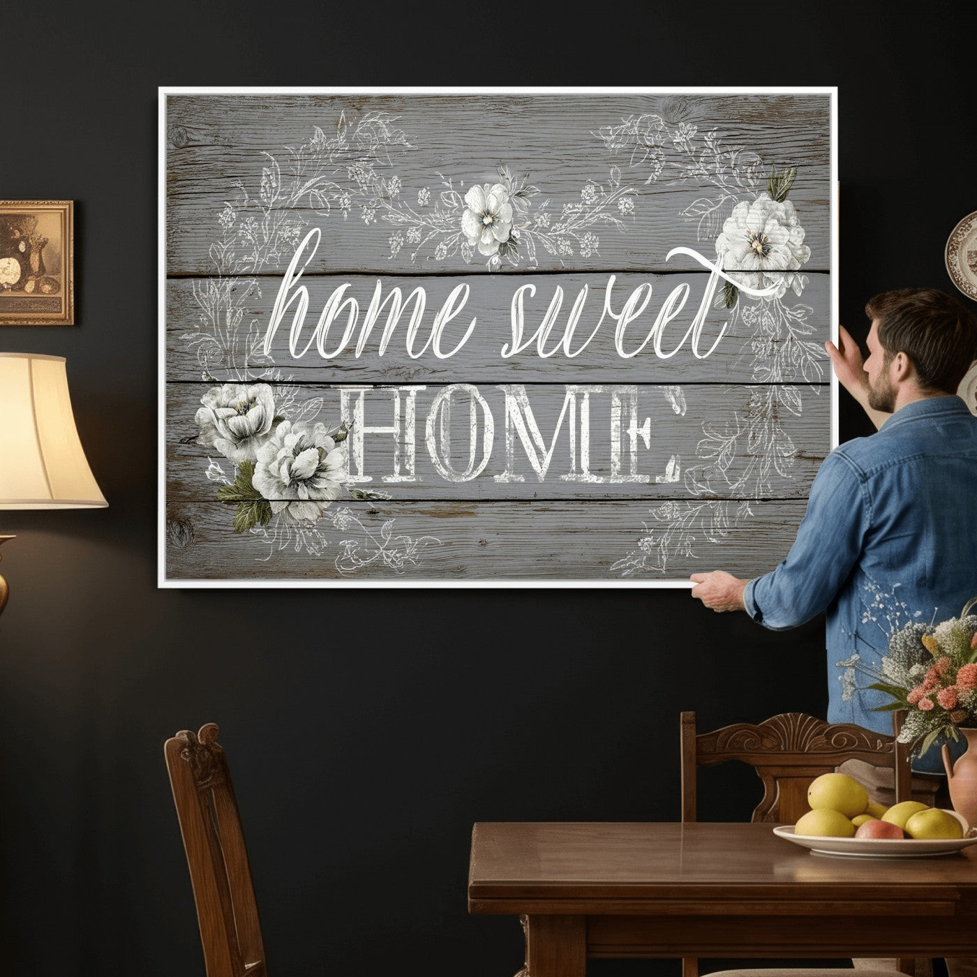42160089-MGV-CV-36X24 - Home Sweet Home Sign Wall Art Canvas Print, Floral Farmhouse Sign, Rustic Neutral Entryway Bedroom Living Room Decor
