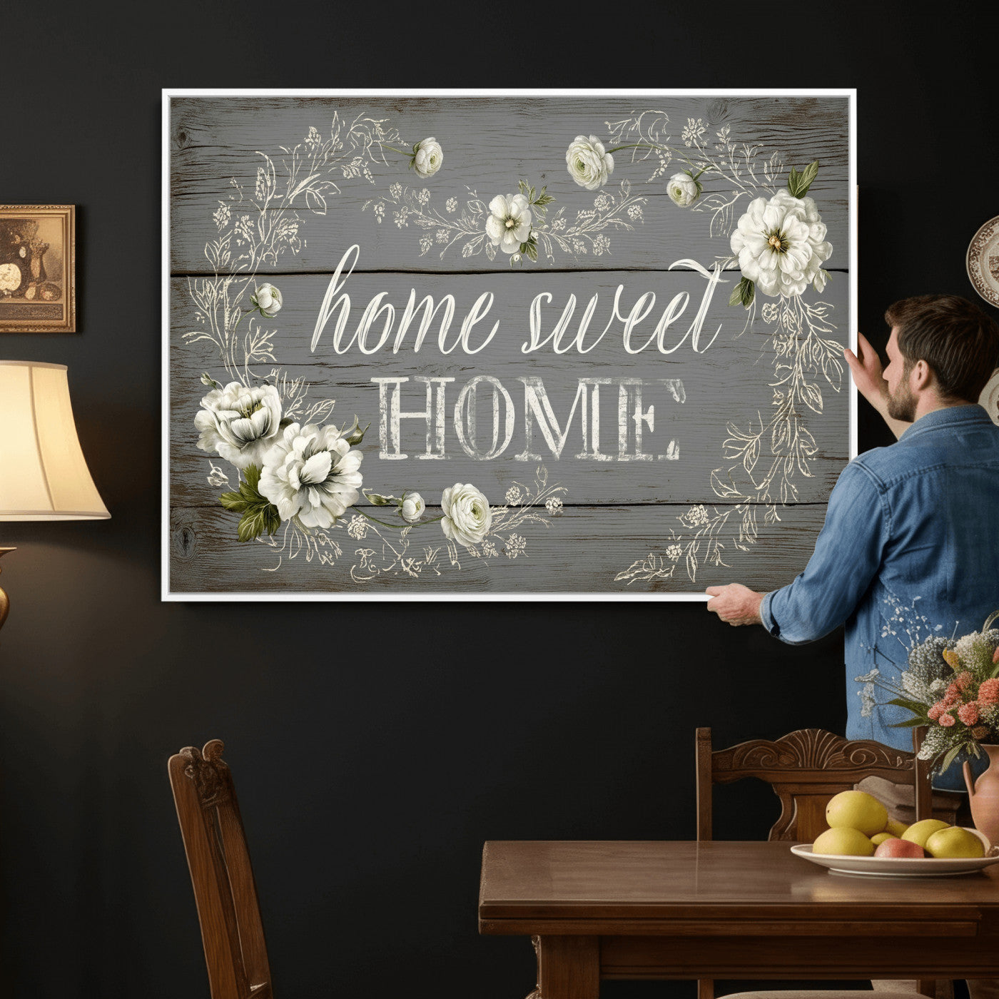 32056075-MGV-CV-36X24 - Home Sweet Home Wall Art Canvas Print, Floral Farmhouse Sign, Rustic Neutral Entryway Bedroom Living Room Decor