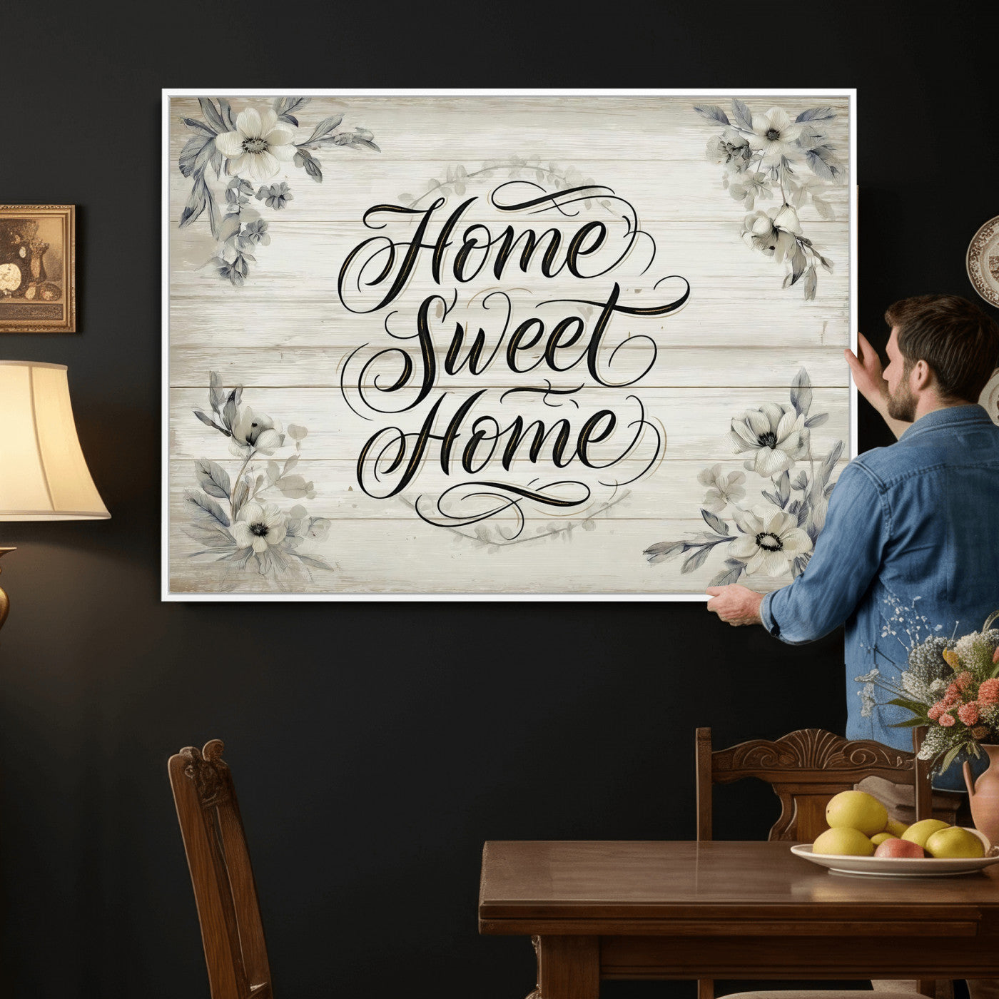 11120405-MGV-CV-36X24 - Home Sweet Home Wall Art Canvas Print, Floral Farmhouse Sign, Rustic Neutral Entryway Bedroom Living Room Decor