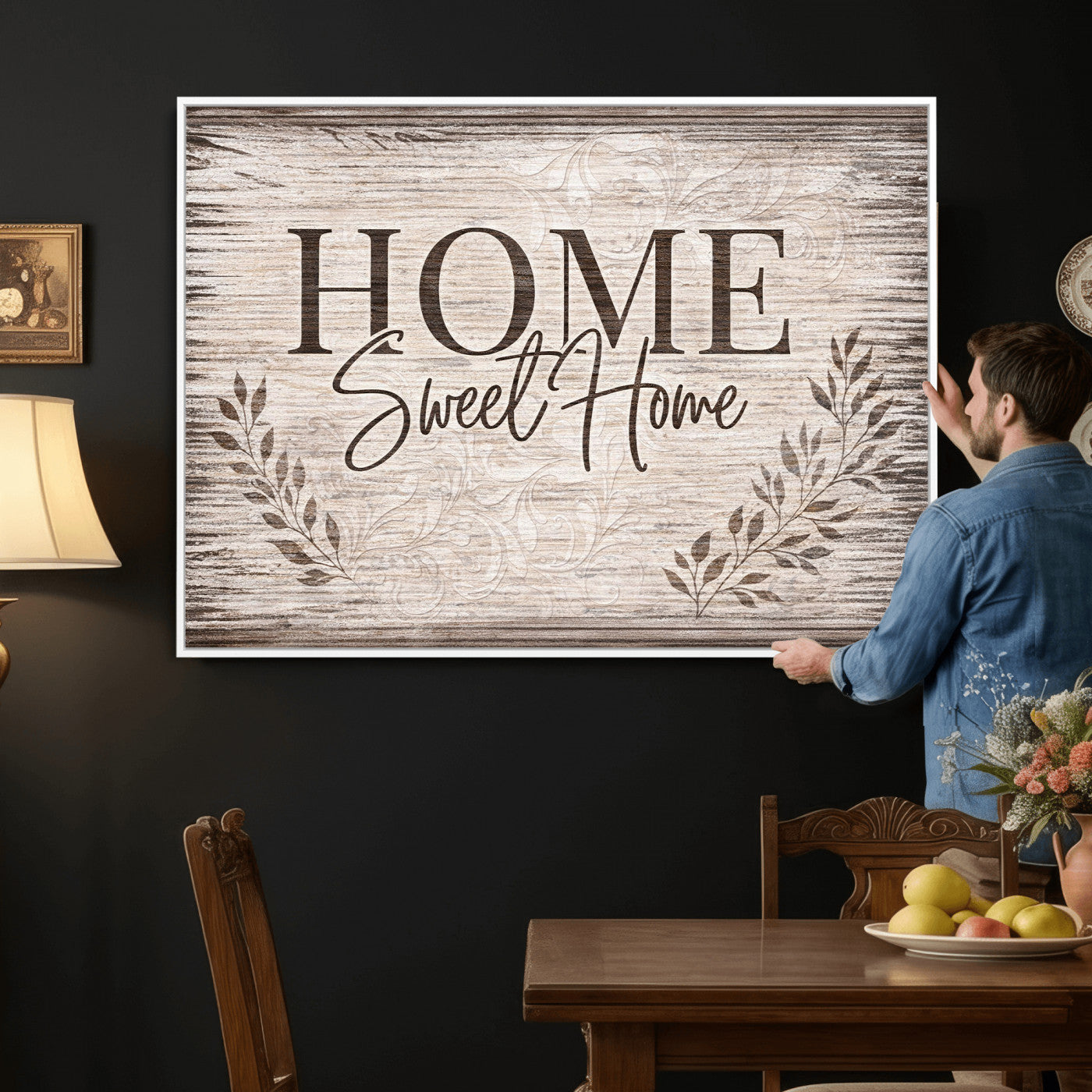 81157008S-MGV-CV-36X24 - Home Sweet Home Wall Art Canvas Print, Floral Farmhouse Sign, Rustic Neutral Entryway Bedroom Living Room Decor
