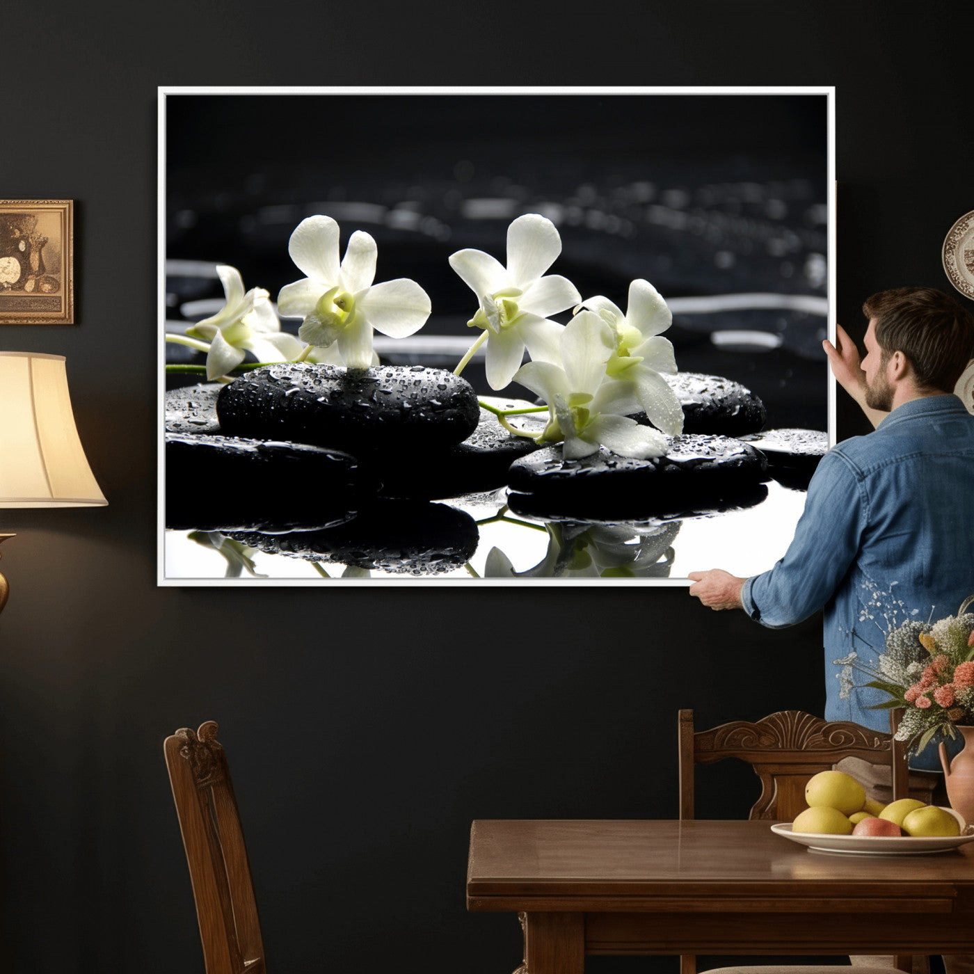 79486206-MGV-CV-36X24 - Plumeria Frangipani Black Stone Canvas | White Flower Spa Photography Print | Tropical Zen Wall Art | Grey Pebble Floral for Meditation Room Decor