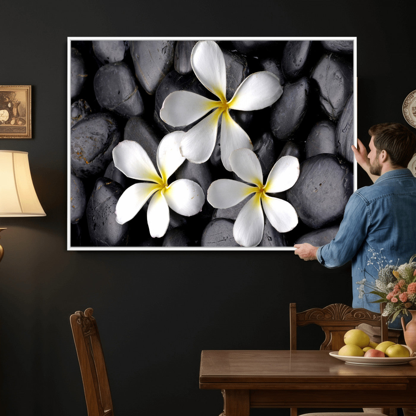43639613-MGV-CV-36X24 - Plumeria Frangipani Black Stone Canvas | White Flower Spa Photography Print | Tropical Zen Wall Art | Grey Pebble Floral Decor