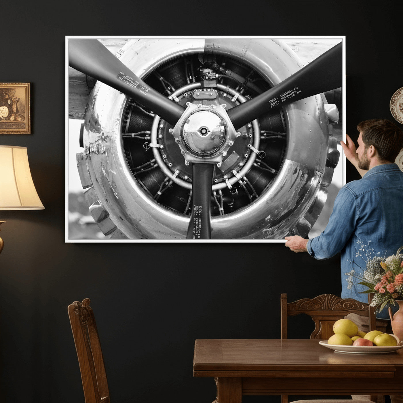 73322230-MGV-CV-36X24 - Vintage Propeller Plane Wall Art Canvas Print, Black and White Airplane Engine Close Up Framed Aviation Artwork for Pilot Office Hangar Decor