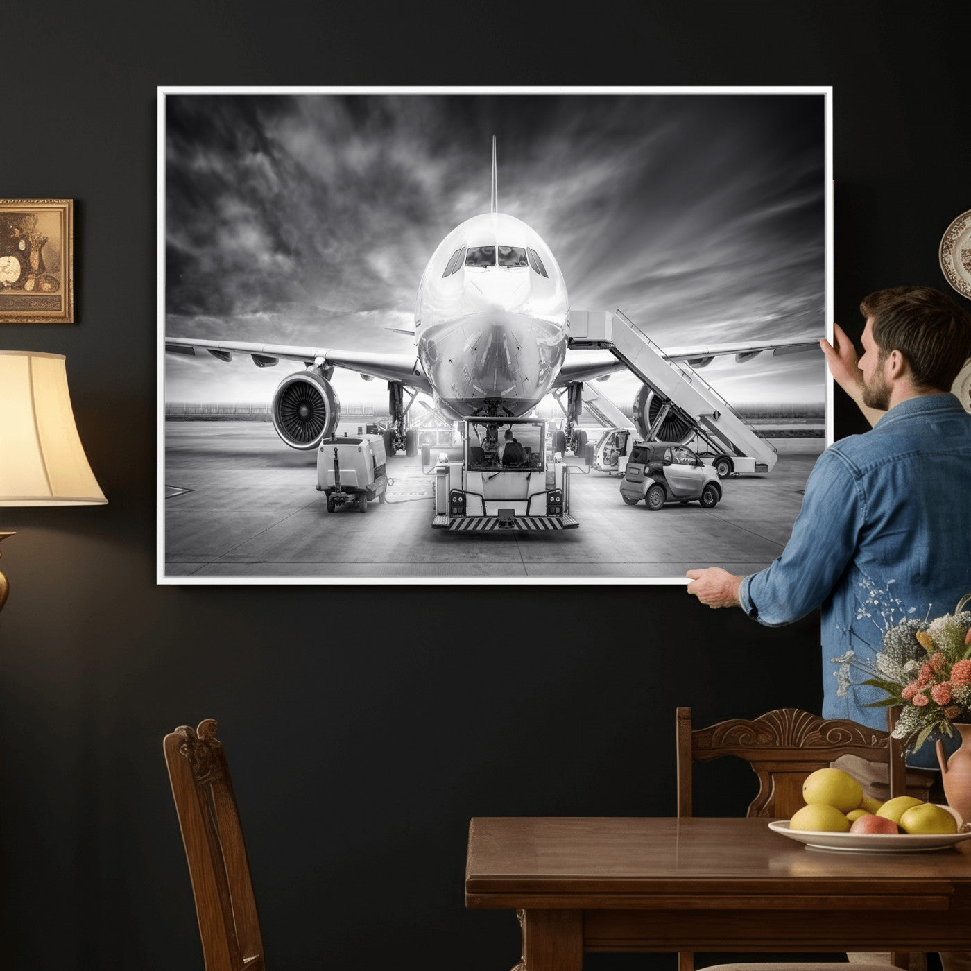 85885848-MGV-CV-36X24 - Airplane Wall Art Canvas Print, Black and White Jet Aircraft Airport Runway Framed Aviation Artwork for Pilot Office Hangar Travel Decor