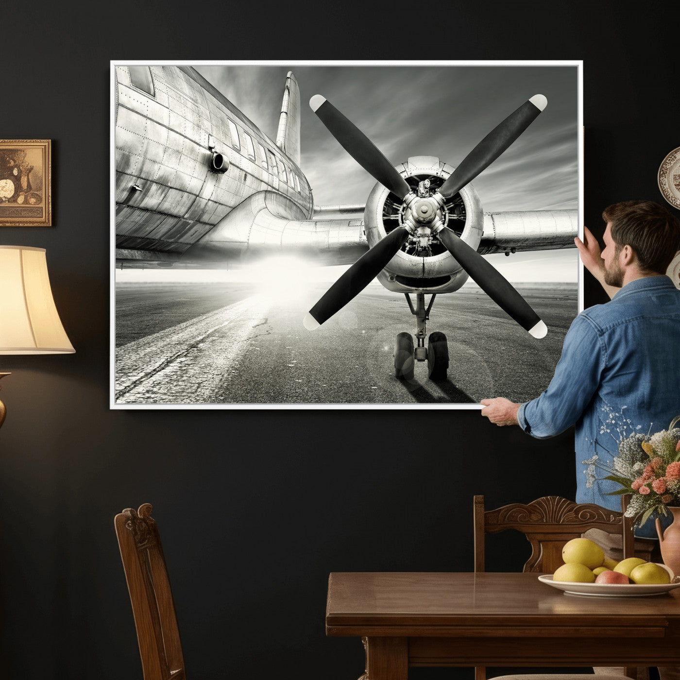 16420255-MGV-CV-36X24 - Vintage Airplane Wall Art Canvas Print, Black and White Propeller Aircraft Framed Aviation Artwork for Pilot Office Hangar Living Room Decor