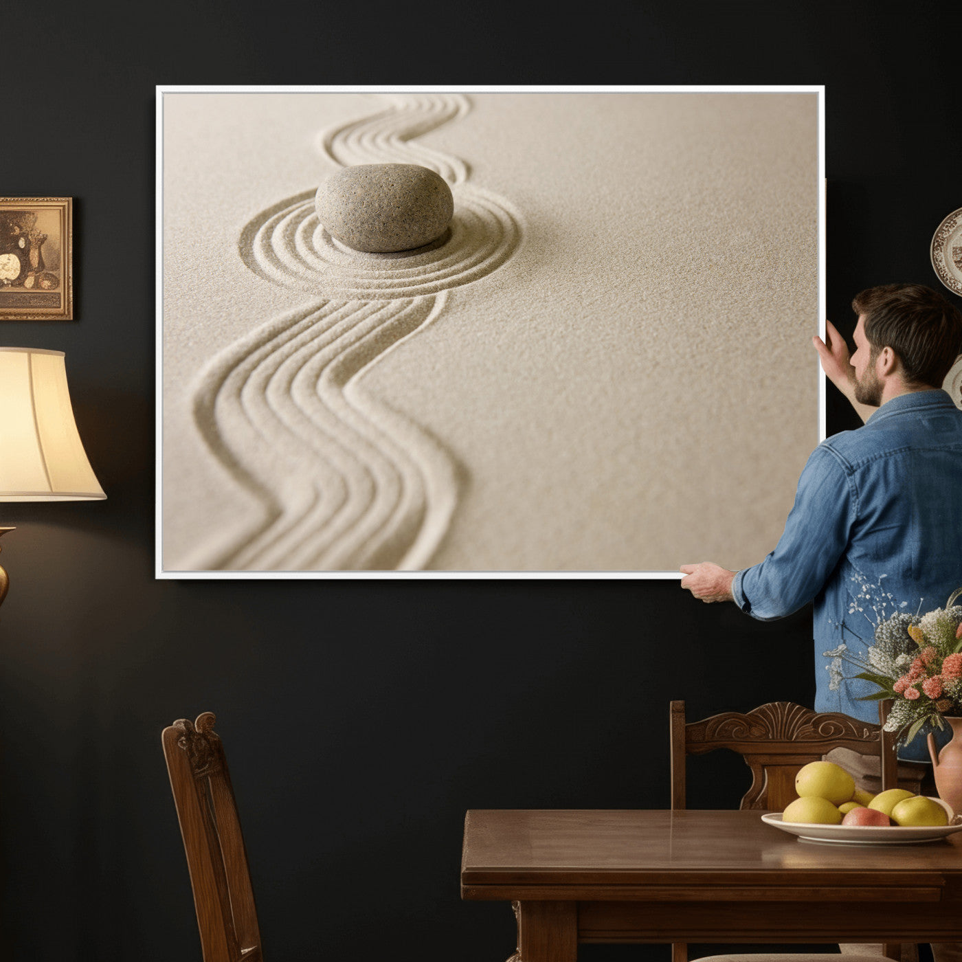 66852661-MGV-CV-36X24 - Zen Garden Stone Sand Canvas | Japanese Rock Garden Wall Art | Minimalist Meditation Print | Neutral Beige Mindfulness Decor