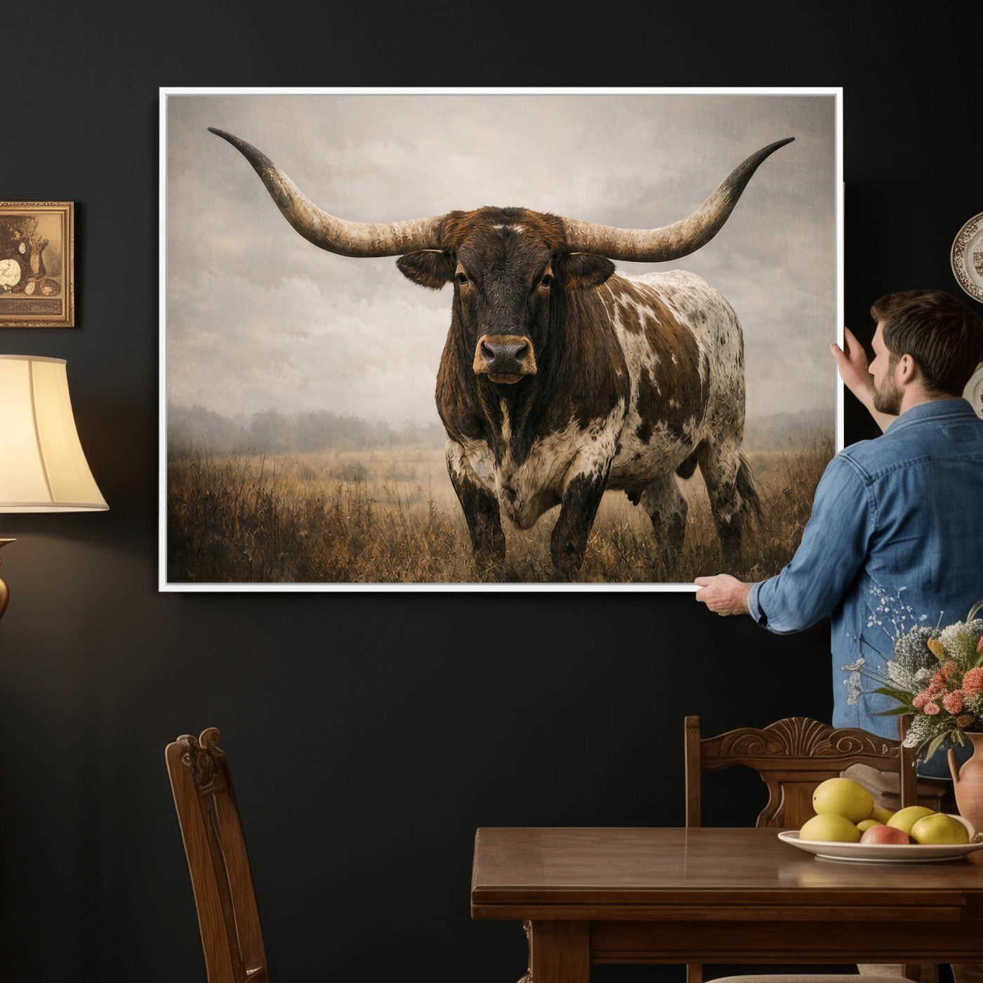 17622011L-MGV-CV-36X24 - Longhorn Bull Wall Art Canvas Print, Western Farmhouse Cowboy Decor, Rustic Texas Ranch Cattle Artwork for Living Room Bedroom Office, Framed Wall Decor