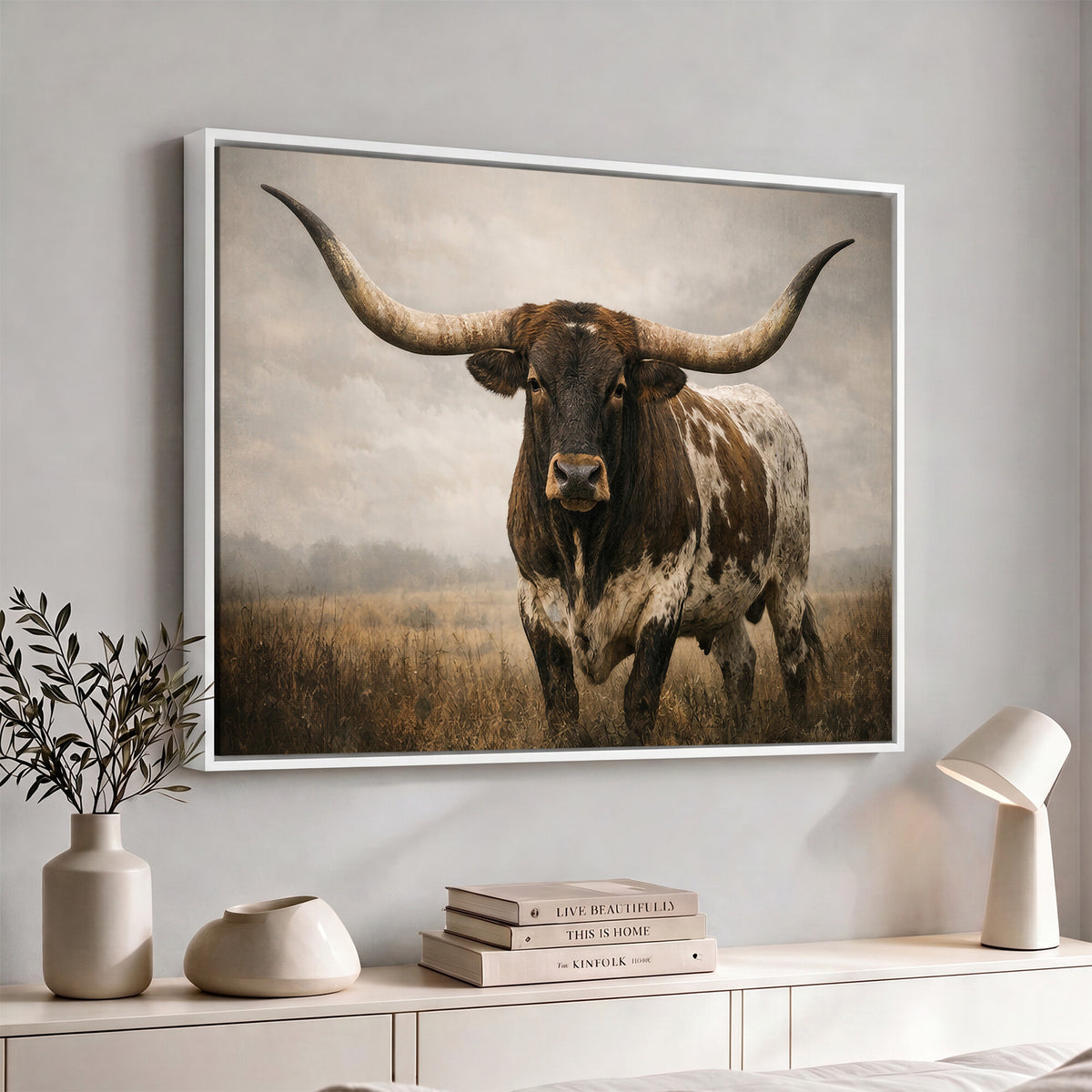 17622011L-_Poster-30x20 - Longhorn Bull Wall Art Canvas Print, Western Farmhouse Decor