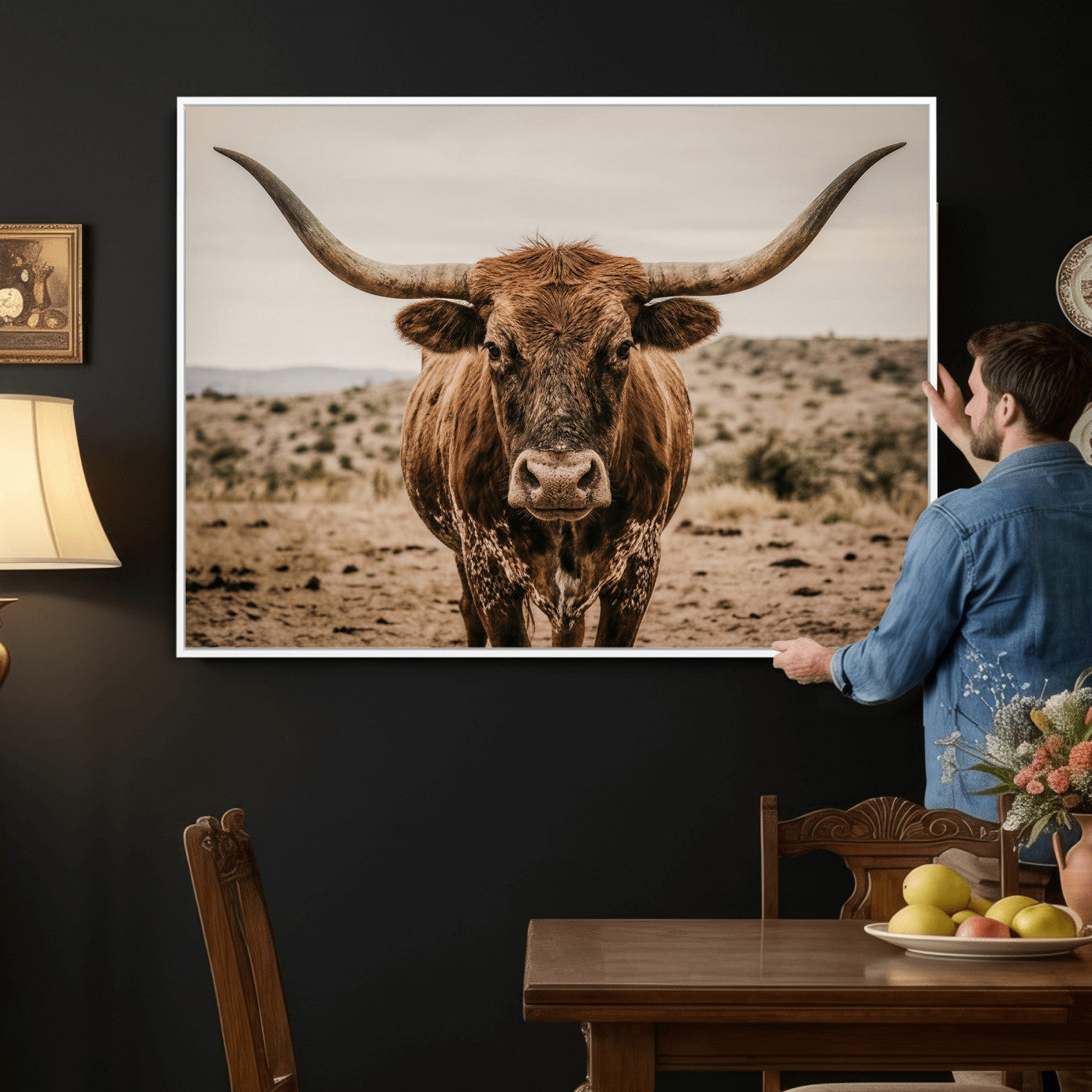 17622011K-MGV-CV-36X24 - Texas Longhorn Bull Wall Art Canvas Print, Western Farmhouse Cowboy Decor, Rustic Texas Ranch Cattle Artwork for Living Room Bedroom Office, Framed Wall Decor