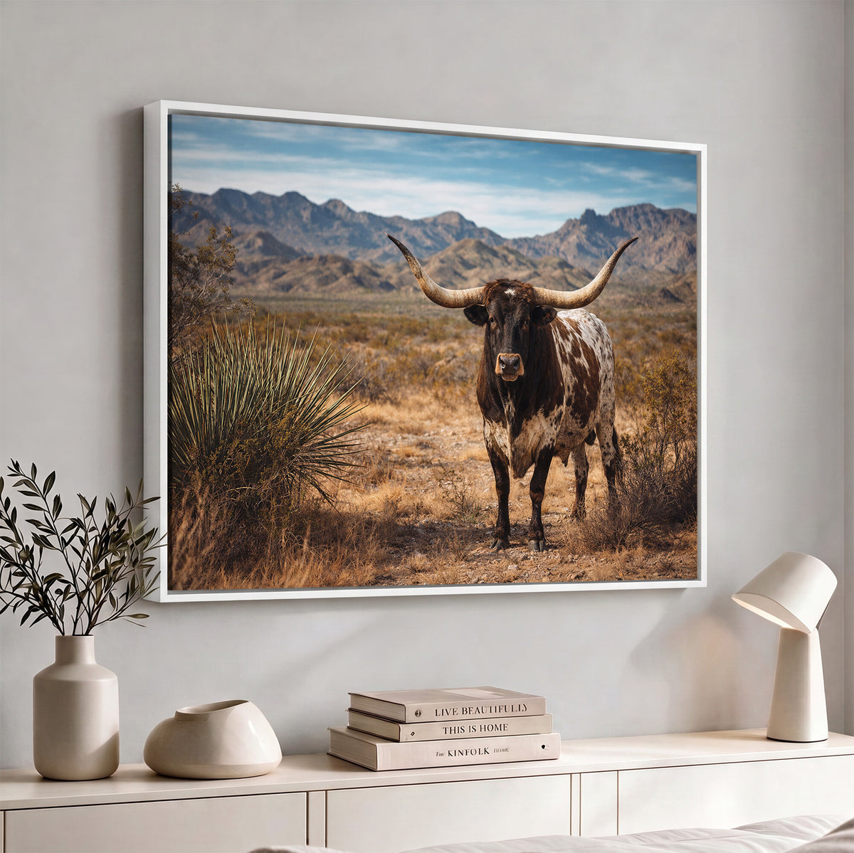 17622011S-MGV-CV-36X24 - Texas Longhorn Bull Wall Art Canvas Print, Western Farmhouse Cowboy Decor, Rustic Texas Ranch Cattle Artwork for Living Room Bedroom Office, Framed Wall Decor