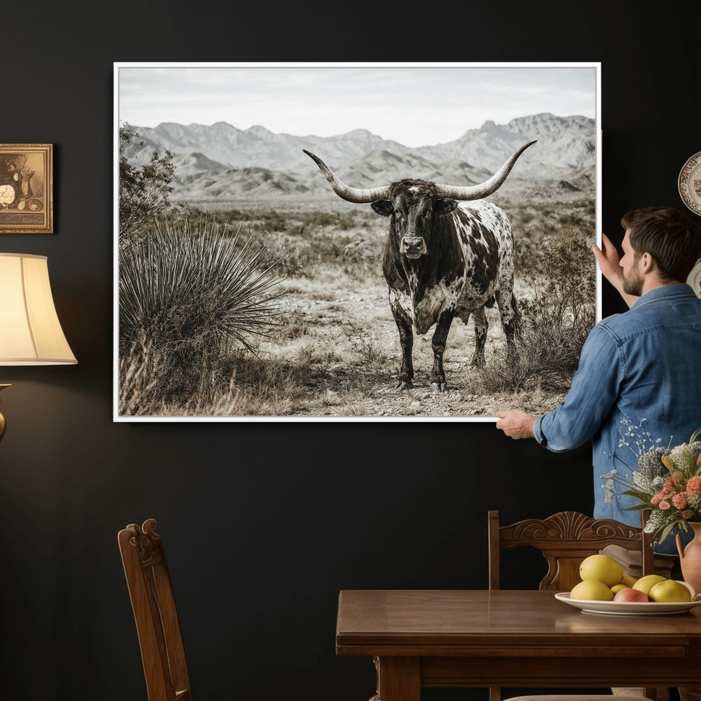 17622011H-MGV-CV-36X24 - Texas Longhorn Bull Wall Art Canvas Print, Western Farmhouse Cowboy Decor, Rustic Texas Ranch Cattle Artwork for Living Room Bedroom Office, Framed Wall Decor