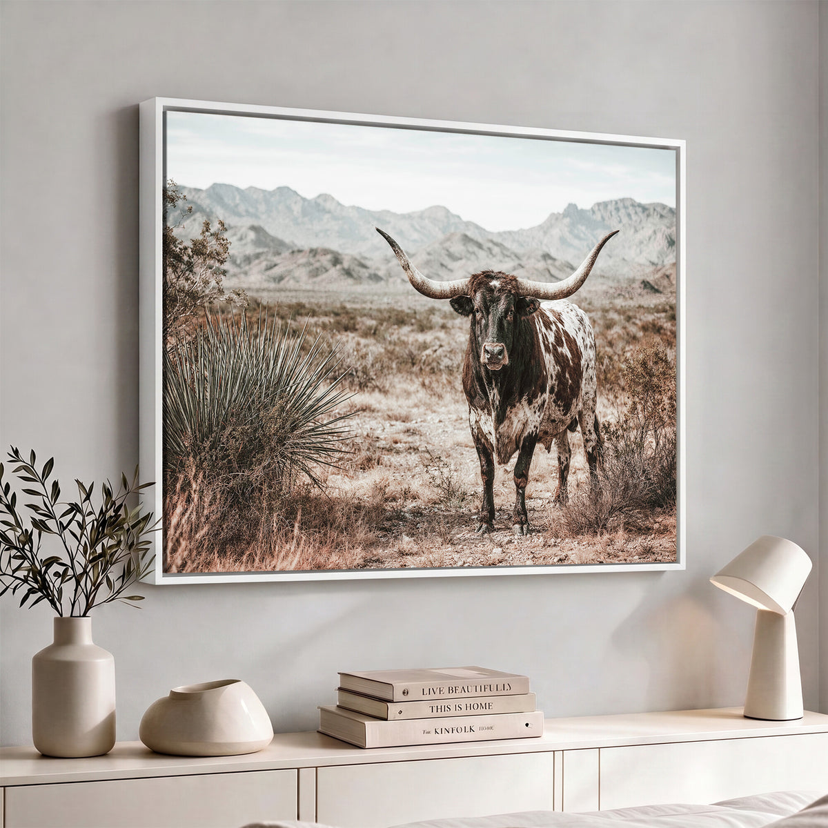 17622011H-MGV-CV-36X24 - Texas Longhorn Bull Wall Art Canvas Print, Western Farmhouse Cowboy Decor, Rustic Texas Ranch Cattle Artwork for Living Room Bedroom Office, Framed Wall Decor