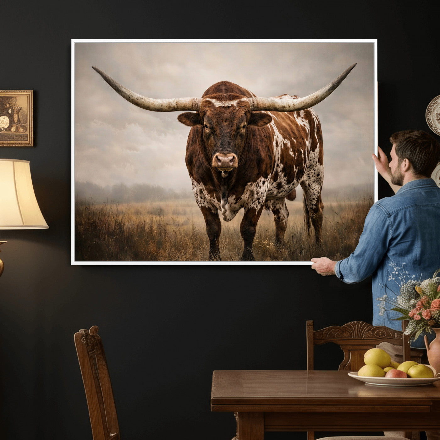 25239047-MGV-CV-36X24 - Texas Longhorn Canvas Wall Art Western Bull Desert Moody Grey Overcast Rustic Farmhouse Framed Large for Living Room Bedroom Office Decor