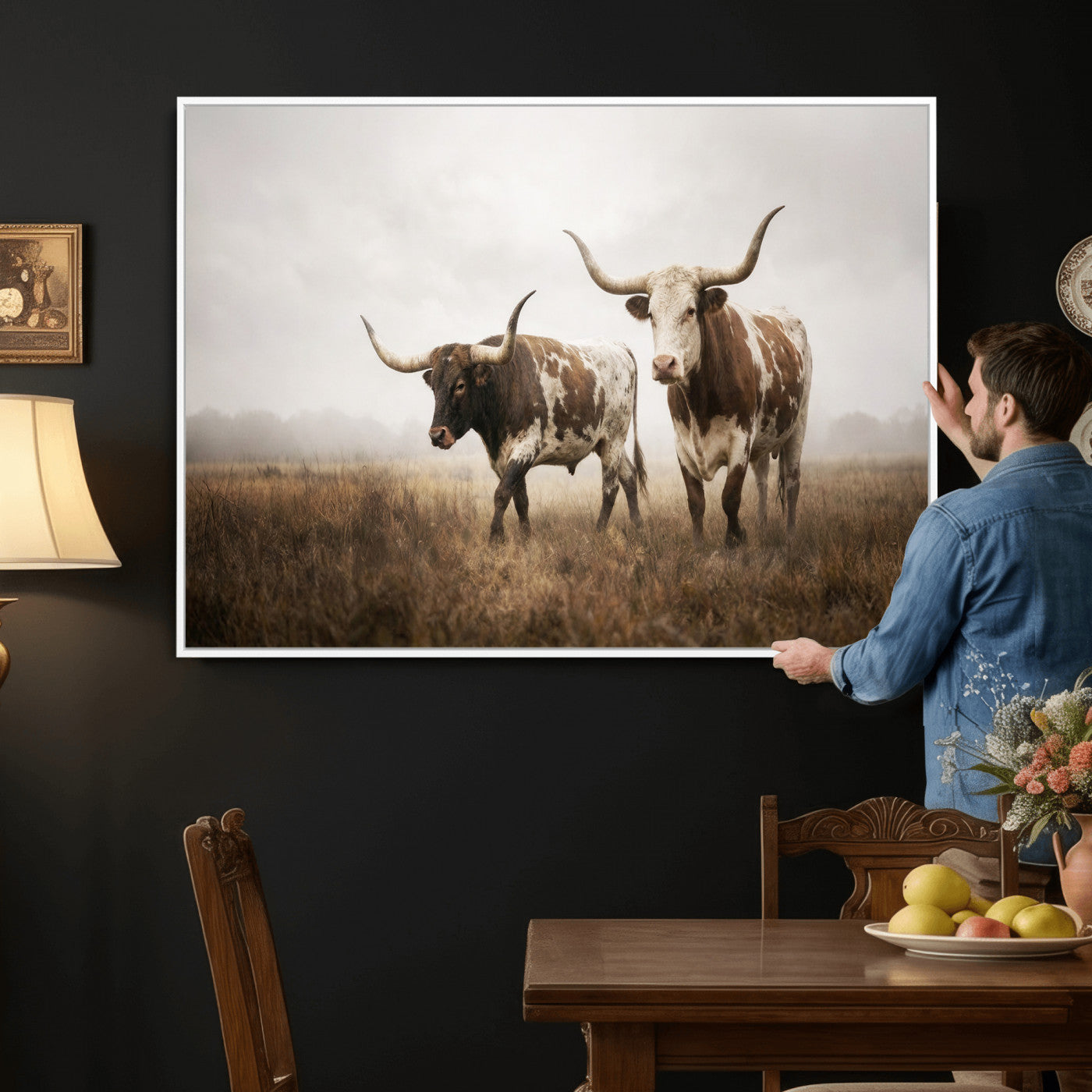 92881702-MGV-CV-36X24 - Texas Longhorn Canvas Wall Art Western Bull Desert Moody Grey Overcast Rustic Farmhouse Framed Large for Living Room Bedroom Office Decor