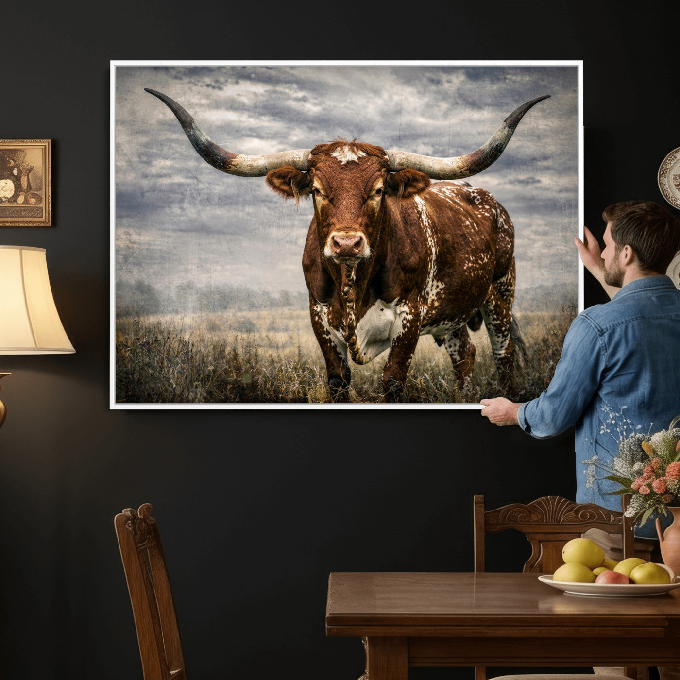 14372769-MGV-CV-36X24 - Texas Longhorn Canvas Wall Art Western Bull Desert Moody Grey Overcast Rustic Farmhouse Framed Large for Living Room Bedroom Office Decor