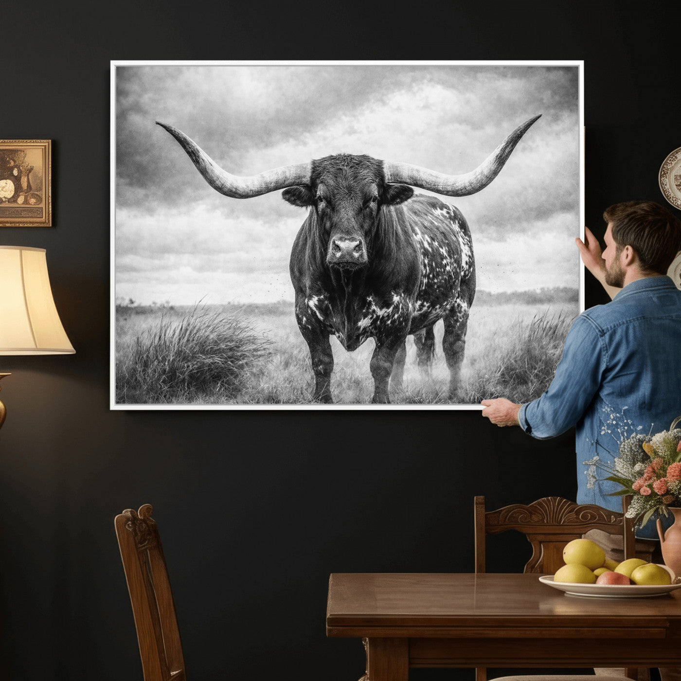 19951238-MGV-CV-36X24 - Texas Longhorn Canvas Wall Art Western Bull Desert Moody Grey Overcast Rustic Farmhouse Framed Large for Living Room Bedroom Office Decor