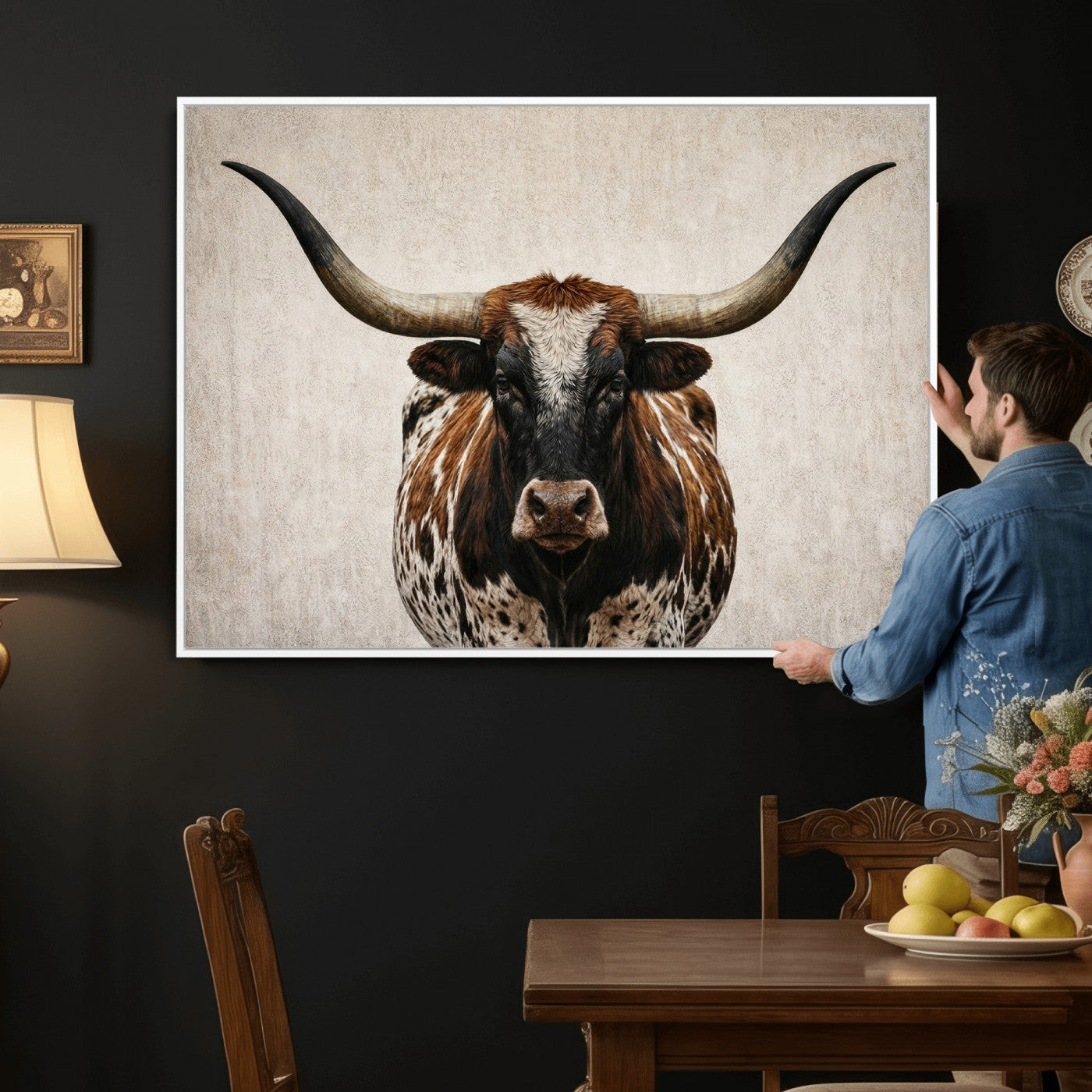 58622065-MGV-CV-36X24 - Texas Longhorn Canvas Wall Art Western Bull Desert Moody Grey Overcast Rustic Farmhouse Framed Large for Living Room Bedroom Office Decor