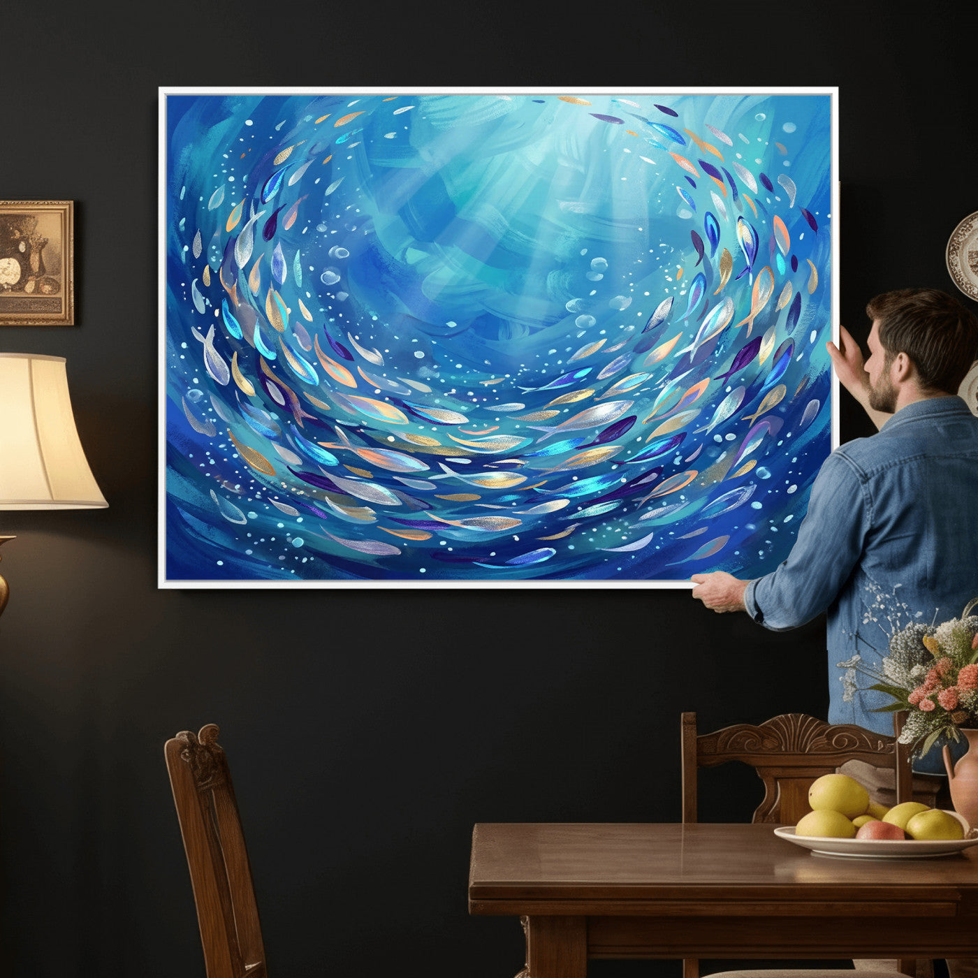 78699899-MGV-CV-36X24 - School of Fish Canvas Print | Blue Ocean Underwater Wall Art | Swirling Fish Shoal Illustration | Marine Navy Coastal Decor