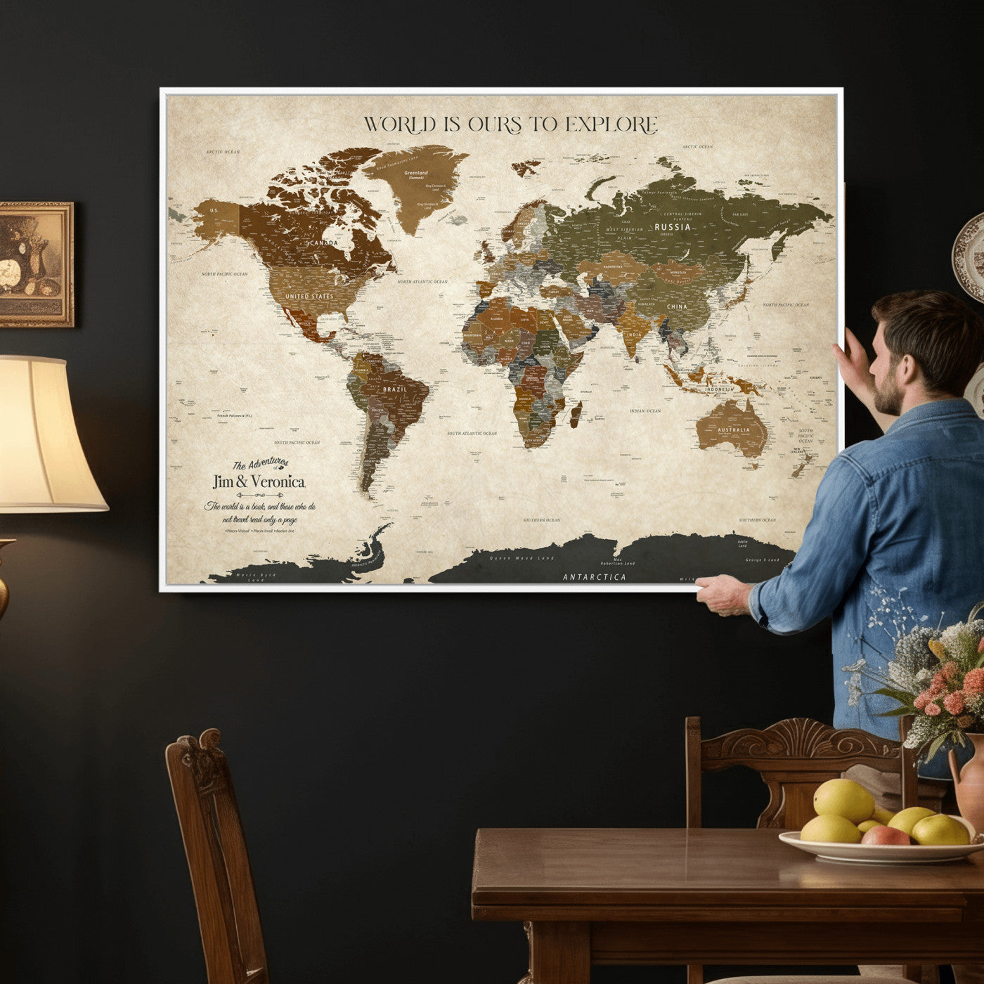 64110391126O-MGV-CV-36X24 - Custom Push Pin World Map Wall Art Canvas Print – Personalized Travel Tracker with Pins Framed Large for Home and Office Decor