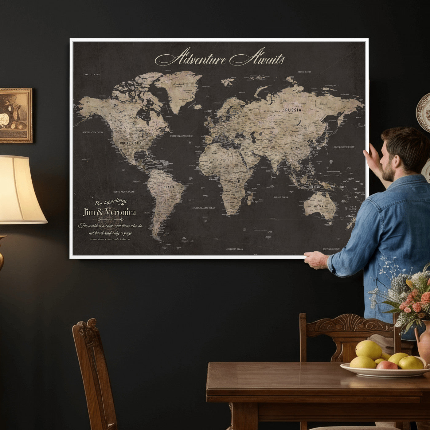 56556018136C-MGV-CV-36X24 - Custom World Map with Pins Canvas Wall Art Dark Charcoal Antique Tan Detailed Every Country Labeled Framed Large for Home Office Living Room Bedroom Decor