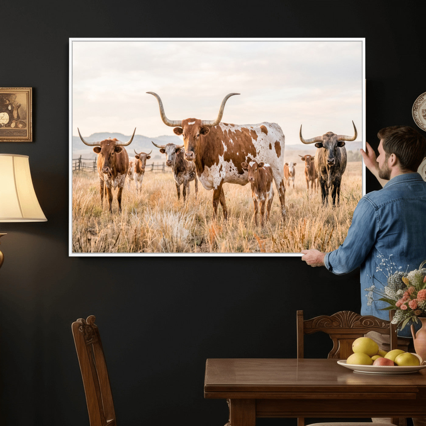 62336425AC-MGV-CV-36X24 - Texas Longhorn Canvas Wall Art, Rustic Farm Animal Photography Print, Farmhouse Country Decor, Western Ranch Art