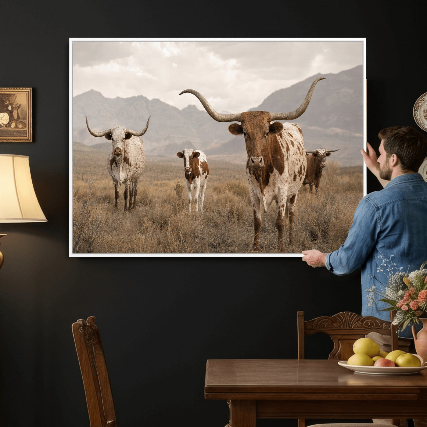 62336425AD-MGV-CV-36X24 - Rustic Texas Longhorn Cow Canvas Wall Art Print, Rustic Farm Animal Photography Print, Farmhouse Country Decor, Western Ranch Art