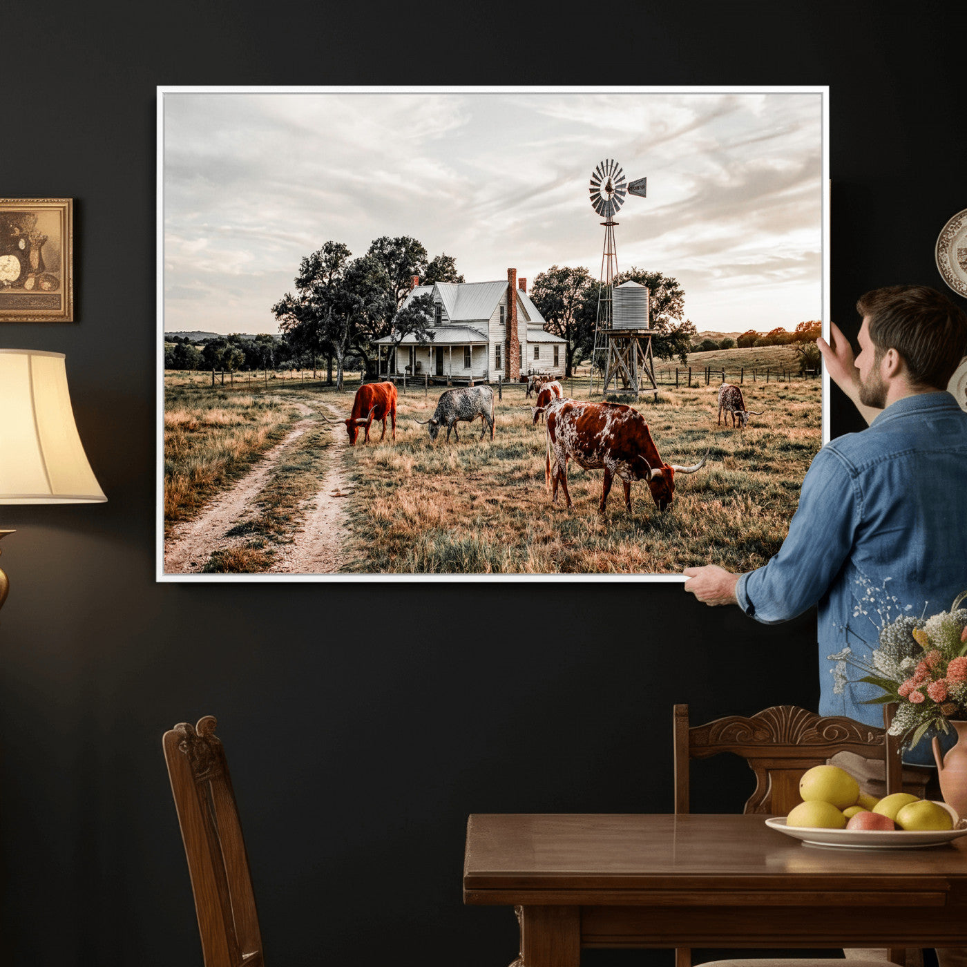 92429425-MGV-CV-36X24 - Texas Longhorn Ranch Wall Art Canvas Print, Rustic Western Farmhouse Decor, Country Landscape Canvas Wall Art, Vintage Cowboy Ranch Picture