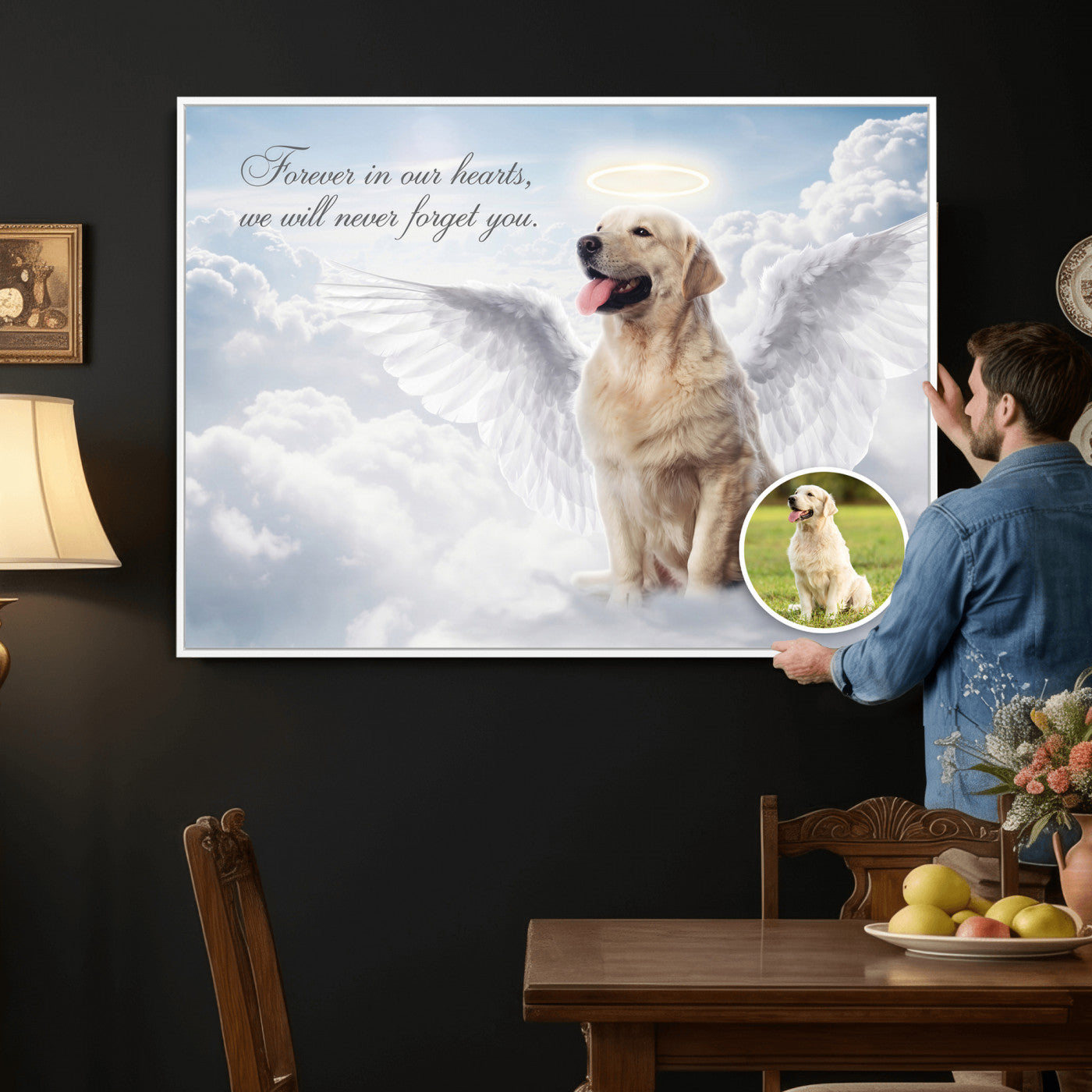 62795455-MGV-CV-36X24 - Pet Memorial Wall Art Canvas Print, Custom Dog Memorial Portrait, Personalized Angel Pet Loss Gift, Angel Wings Puppy Print