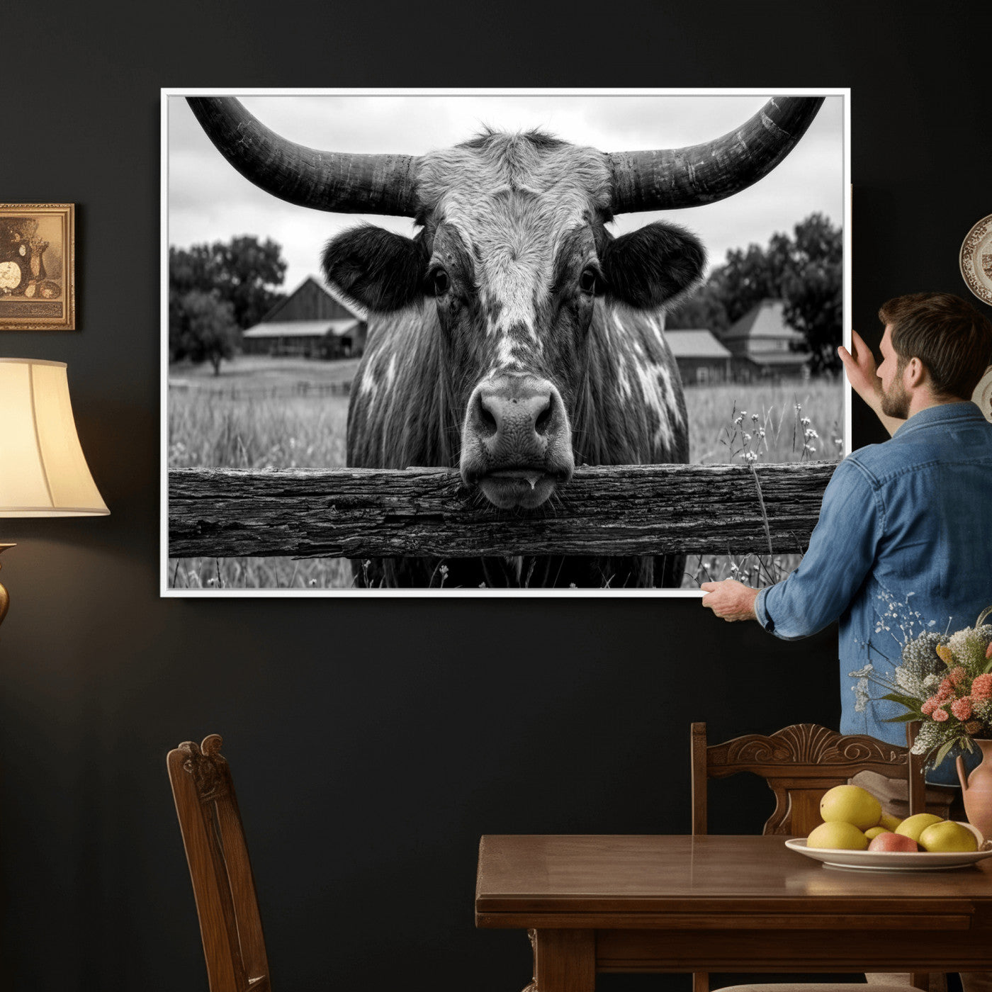 59378683B-MGV-CV-36X24 - Black White Texas Longhorn Bull Canvas Wall Art, Western Ranch Cattle Photography Print, Rustic Farmhouse Cowboy Decor Artwork
