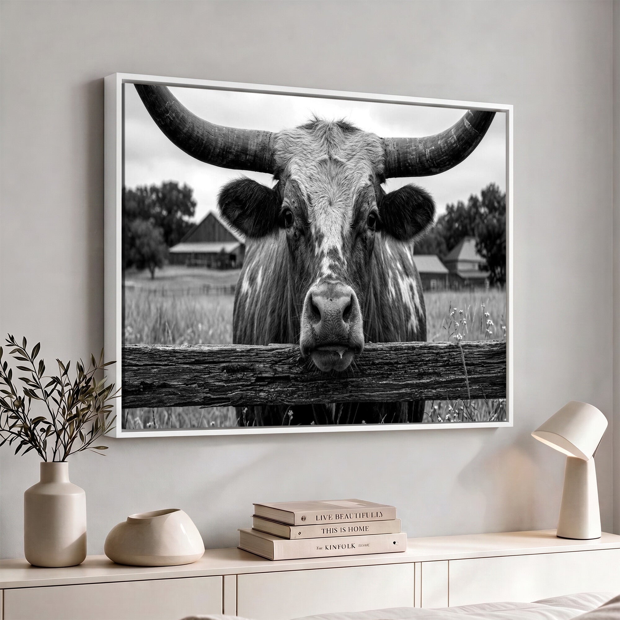59378683B-MGV-CV-36X24 - Black White Texas Longhorn Bull Canvas Wall Art, Western Ranch Cattle Photography Print, Rustic Farmhouse Cowboy Decor Artwork