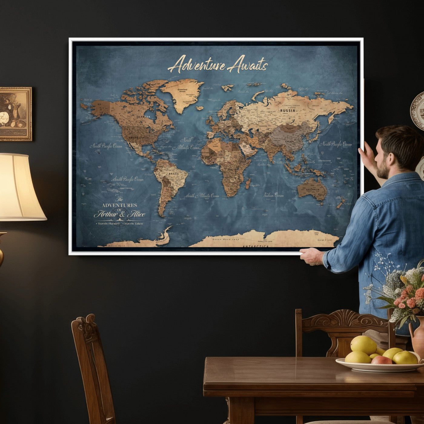 14637271-MGV-CV-36X24 - Custom Push Pin World Map Canvas | Personalized Travel Tracker | Wedding Anniversary Gift for Couples | Adventure Map Wall Art with Pins