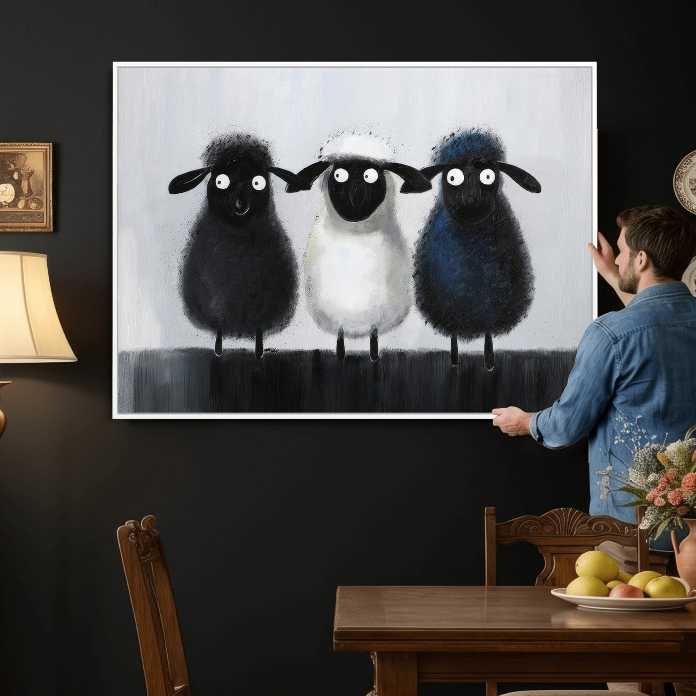 45650028-MGV-CV-36X24 - Funny Sheep Canvas Wall Art, Three Quirky Sheep Painting Print, Cute Animal Nursery Decor, Black White Navy Farmhouse Art, Kids Room Gift