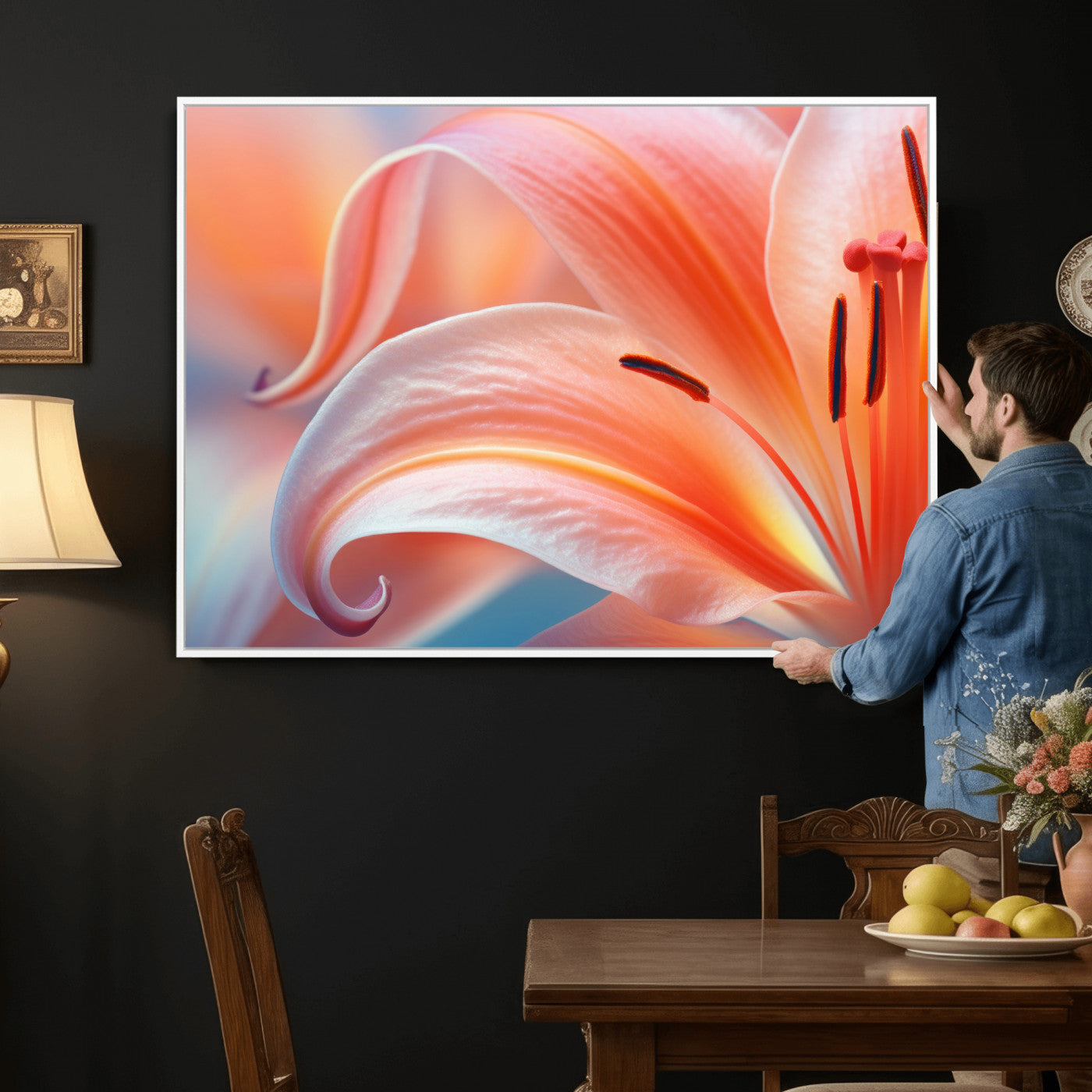 69566231-MGV-CV-36X24 - Peach Lily Canvas Wall Art, Coral Pink Flower Macro Photo Print, Botanical Bedroom Decor, Soft Floral Photography, Living Room Wall Art