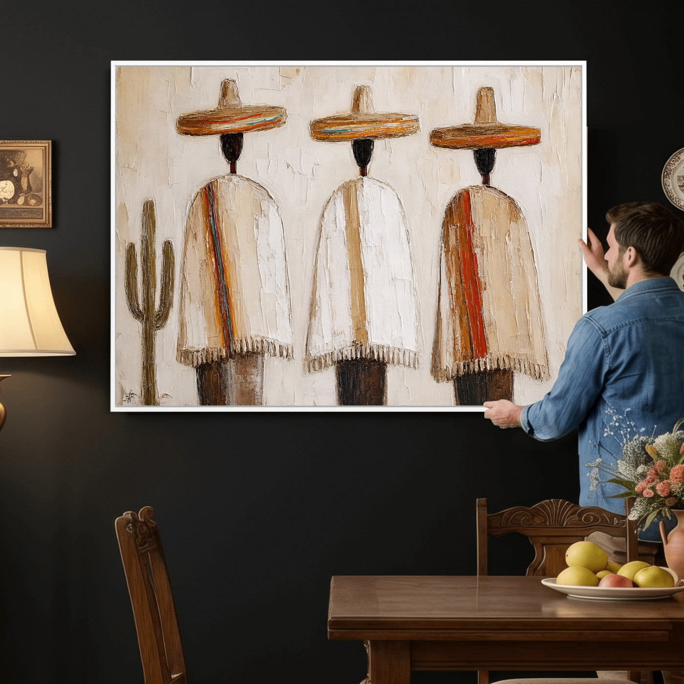 72884785-MGV-CV-36X24 - Mexican Folk Art Canvas Wall Art, Southwestern Sombrero Poncho Painting, Neutral Earthy Boho Decor, Fiesta Living Room Art, Impasto Style Print