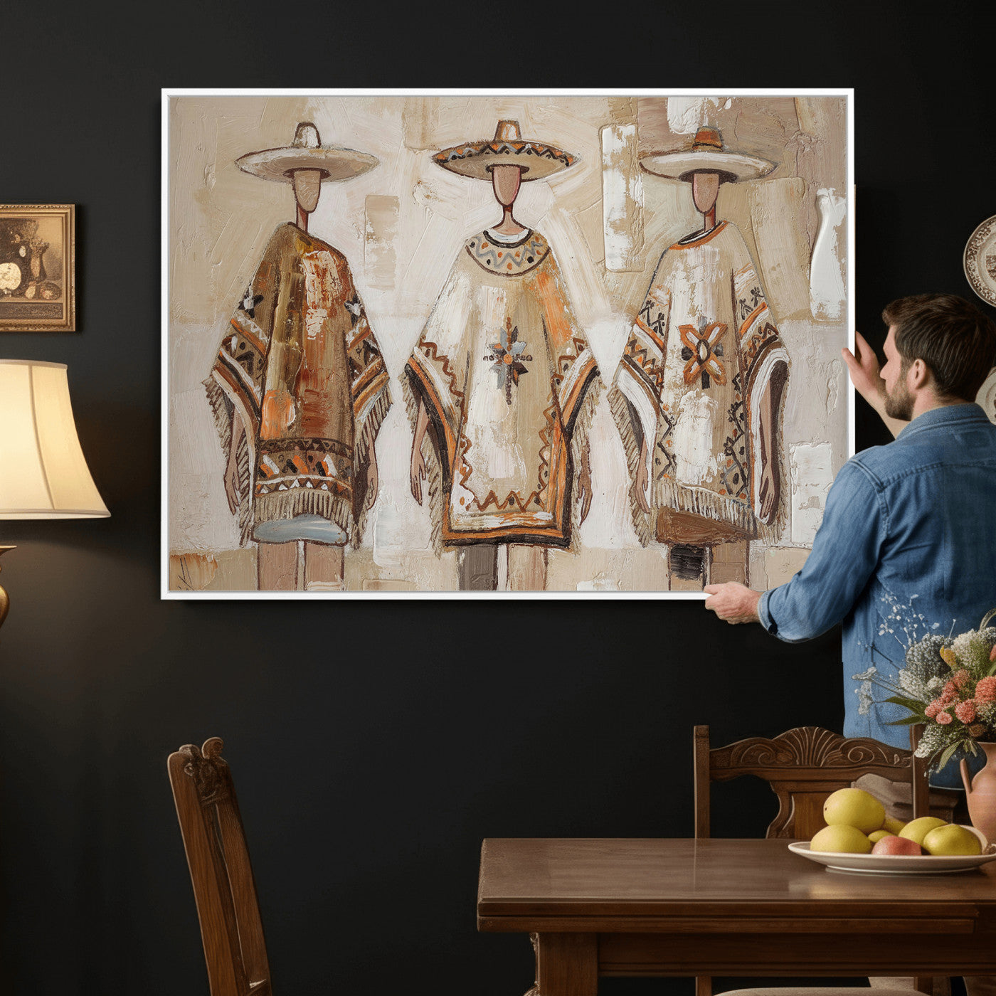 85373290-MGV-CV-36X24 - Mexican Folk Art Canvas Wall Art, Charro Poncho Sombrero Painting Print, Neutral Beige Boho Decor, Southwestern Impasto Style, Living Room Art