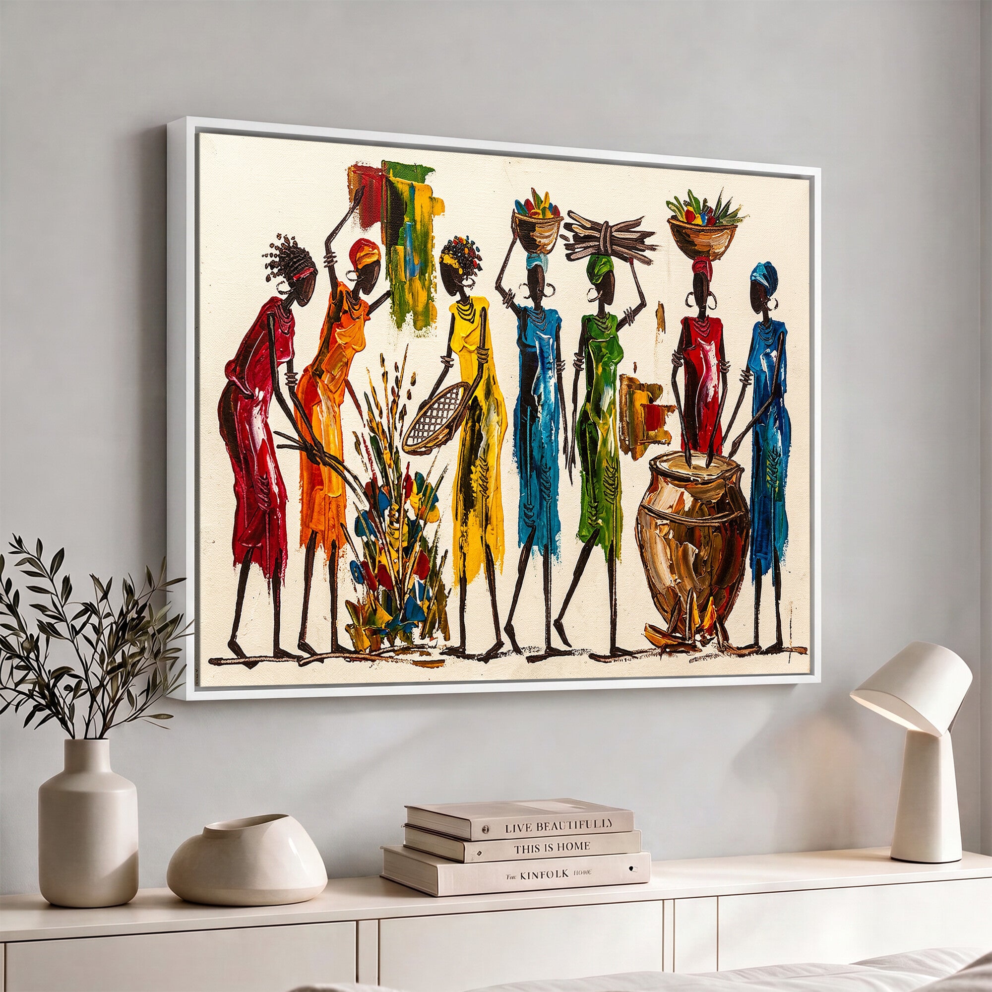 83463154-MGV-CV-36X24 - African Folk Art Canvas Wall Art, Colorful African Women Village Painting Print, Tribal Ethnic Home Decor, Vibrant African Art, Living Room