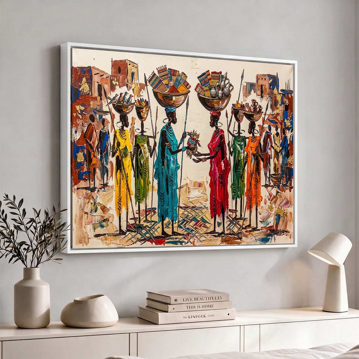 54818657-MGV-CV-36X24 - African Folk Art Canvas Wall Art, Colorful African Women Village Painting Print, Tribal Ethnic Home Decor, Vibrant African Art, Living Room
