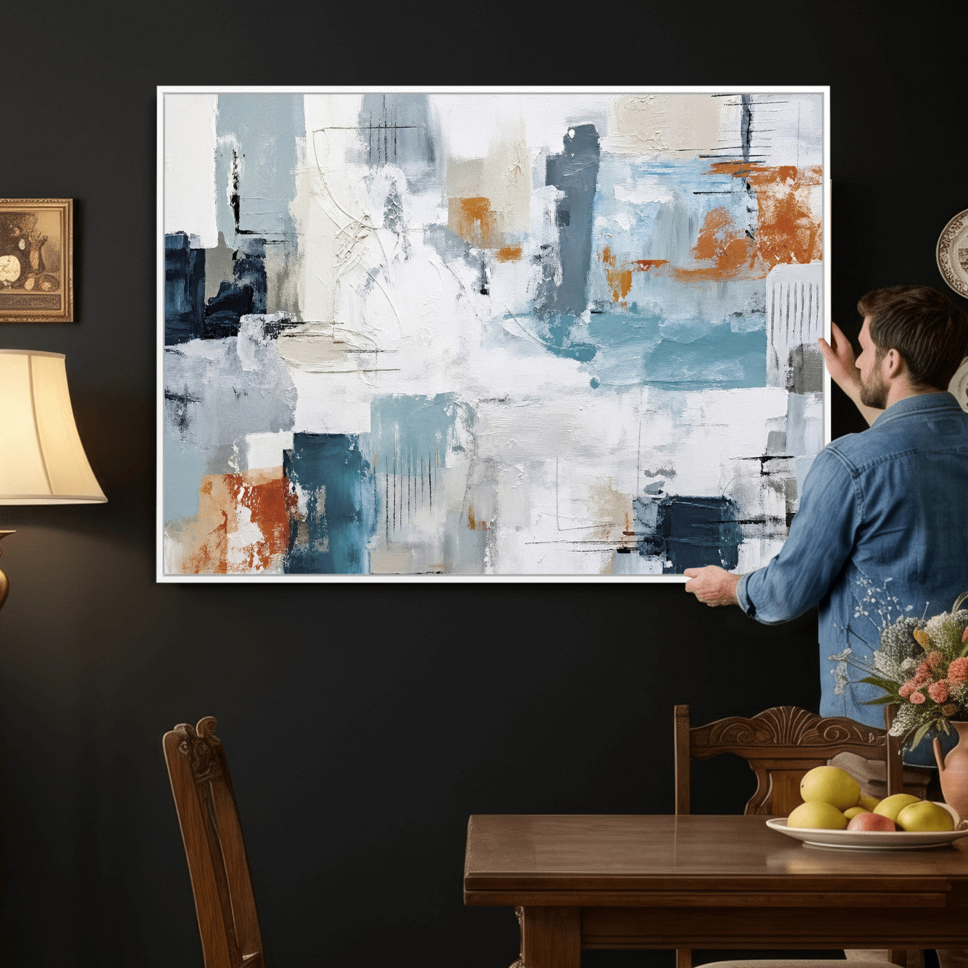 98638479-MGV-CV-36X24 - Blue Teal Abstract Canvas Wall Art, Modern Textured Painting Print, Navy Orange White Contemporary Art, Neutral Living Room Decor, Office Art