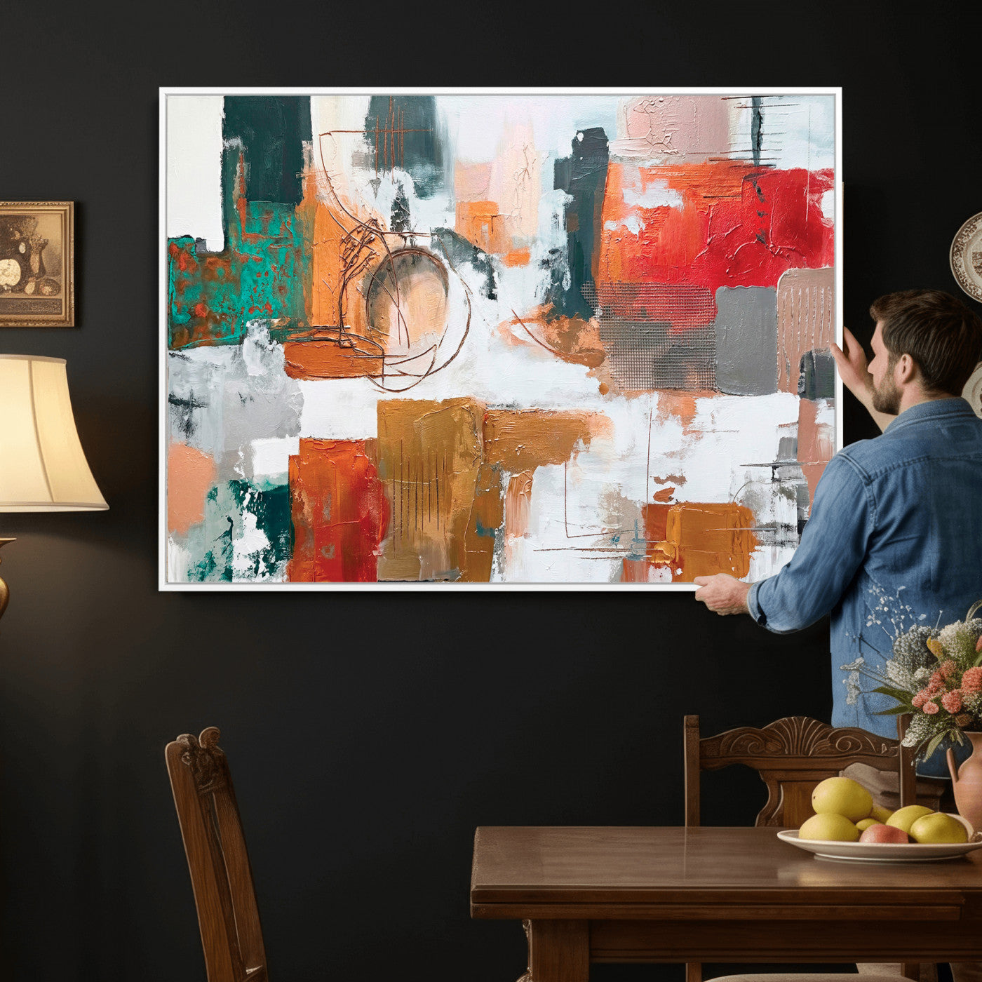 50720312-MGV-CV-36X24 - Blue Teal Abstract Canvas Wall Art | Modern Textured Painting Print, Navy Orange White Contemporary Art, Neutral Living Room Decor, Office Art.