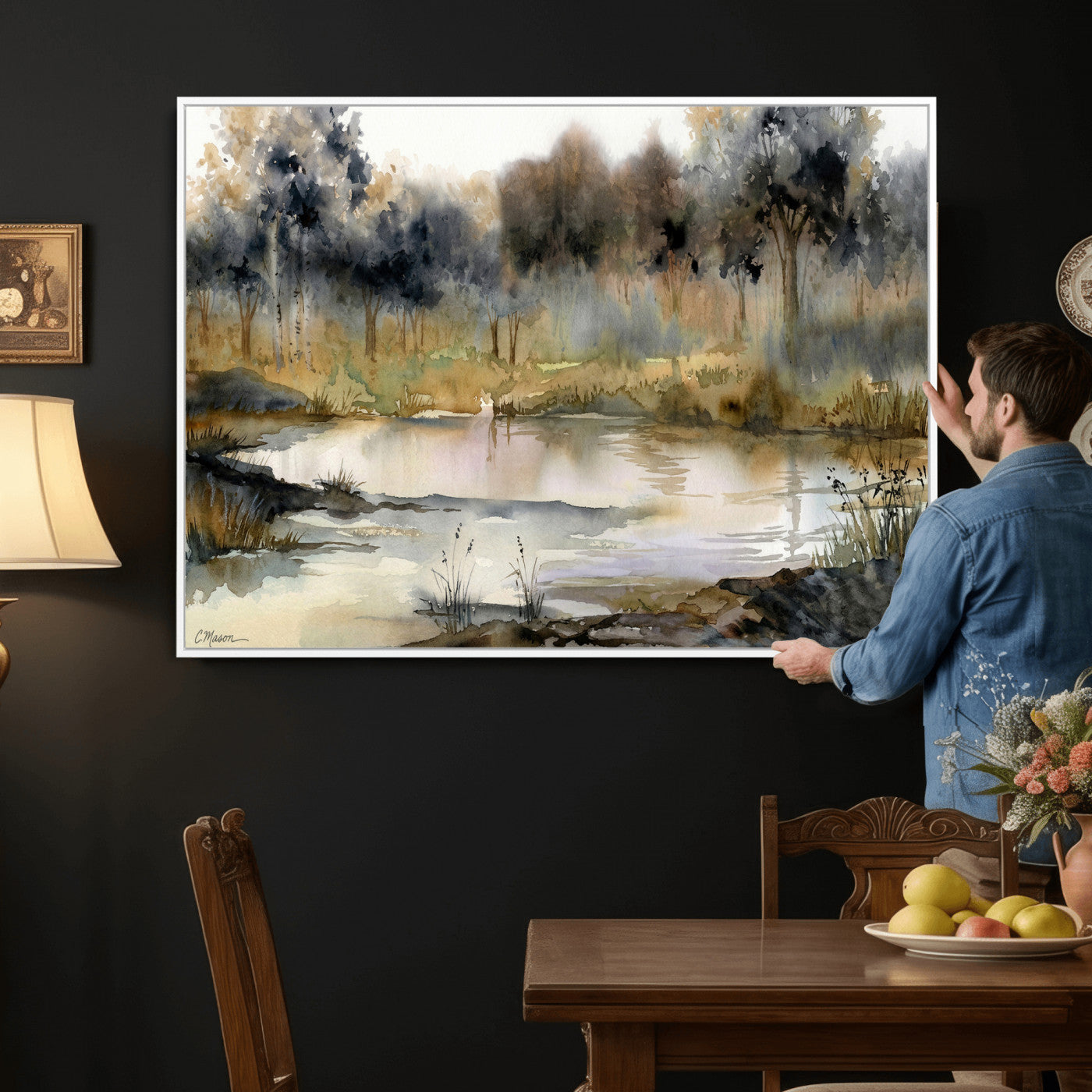 27383609-MGV-CV-36X24 - Abstract WatercolorAutumn Lake Canvas Wall Art Print, Misty Forest Landscape, Rustic Nature Painting, Cabin Wall Decor, Ready to Hang