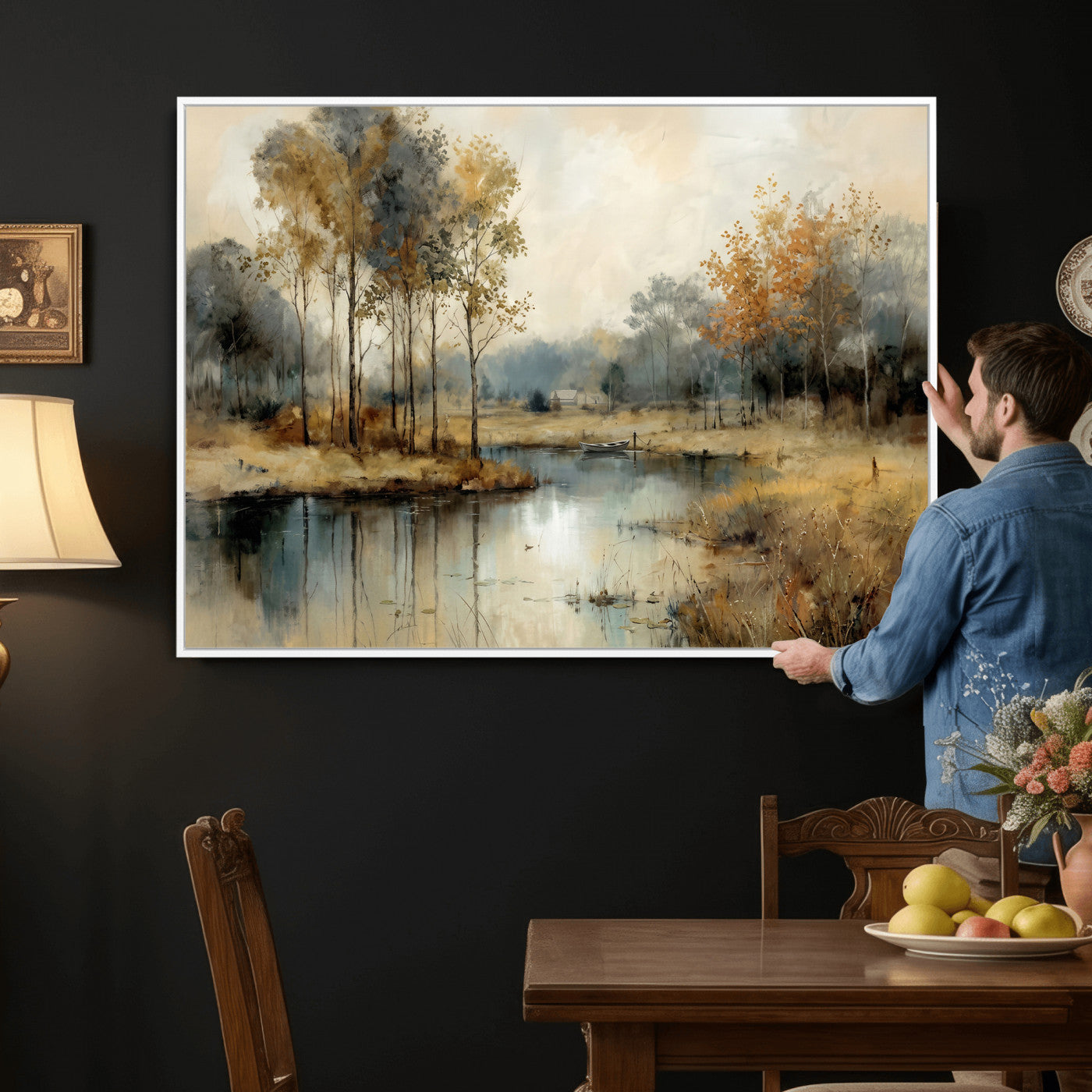 74391095-MGV-CV-36X24 - Abstract WatercolorAutumn Lake Canvas Wall Art Print, Misty Forest Landscape, Rustic Nature Painting, Cabin Wall Decor | Ready to Hang