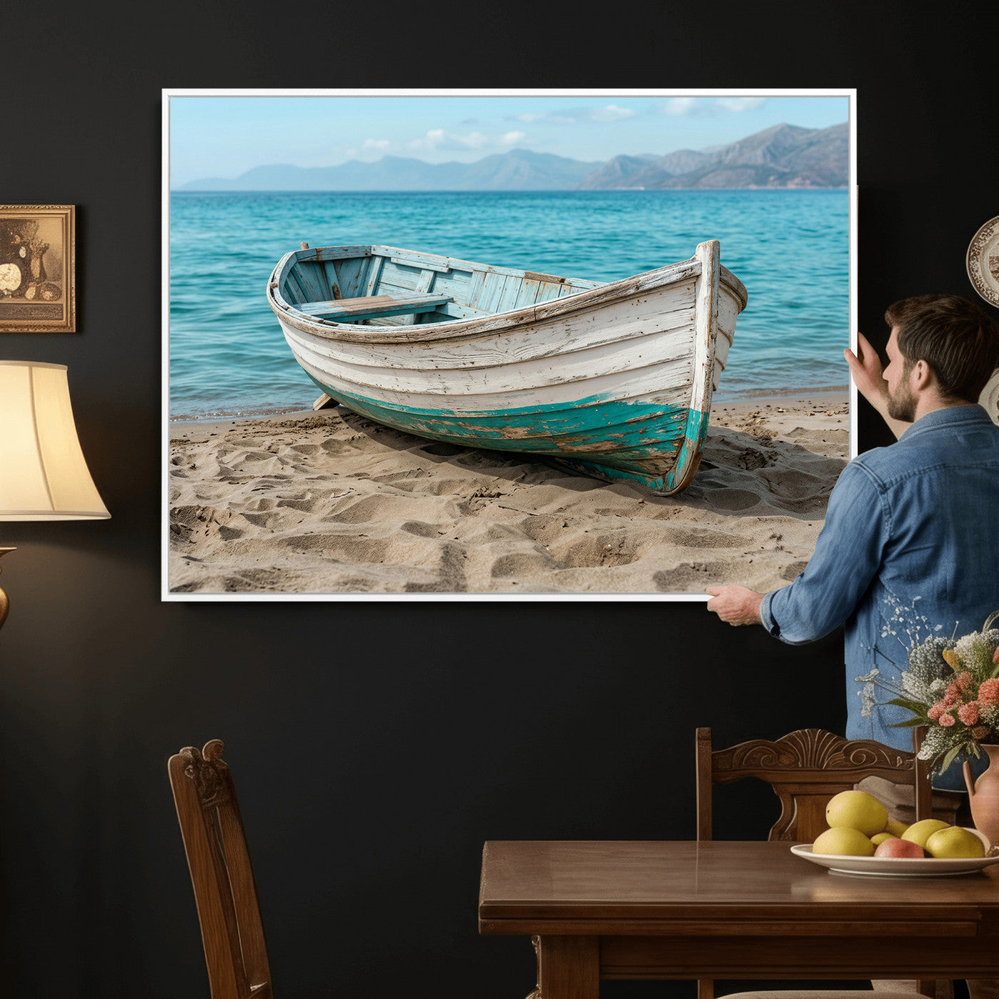 49963709-MGV-CV-36X24 - Coastal Boat Canvas Wall Art Print, Beach Boat Painting, Nautical Ocean Decor, Seascape Wall Art - Ready to Hang