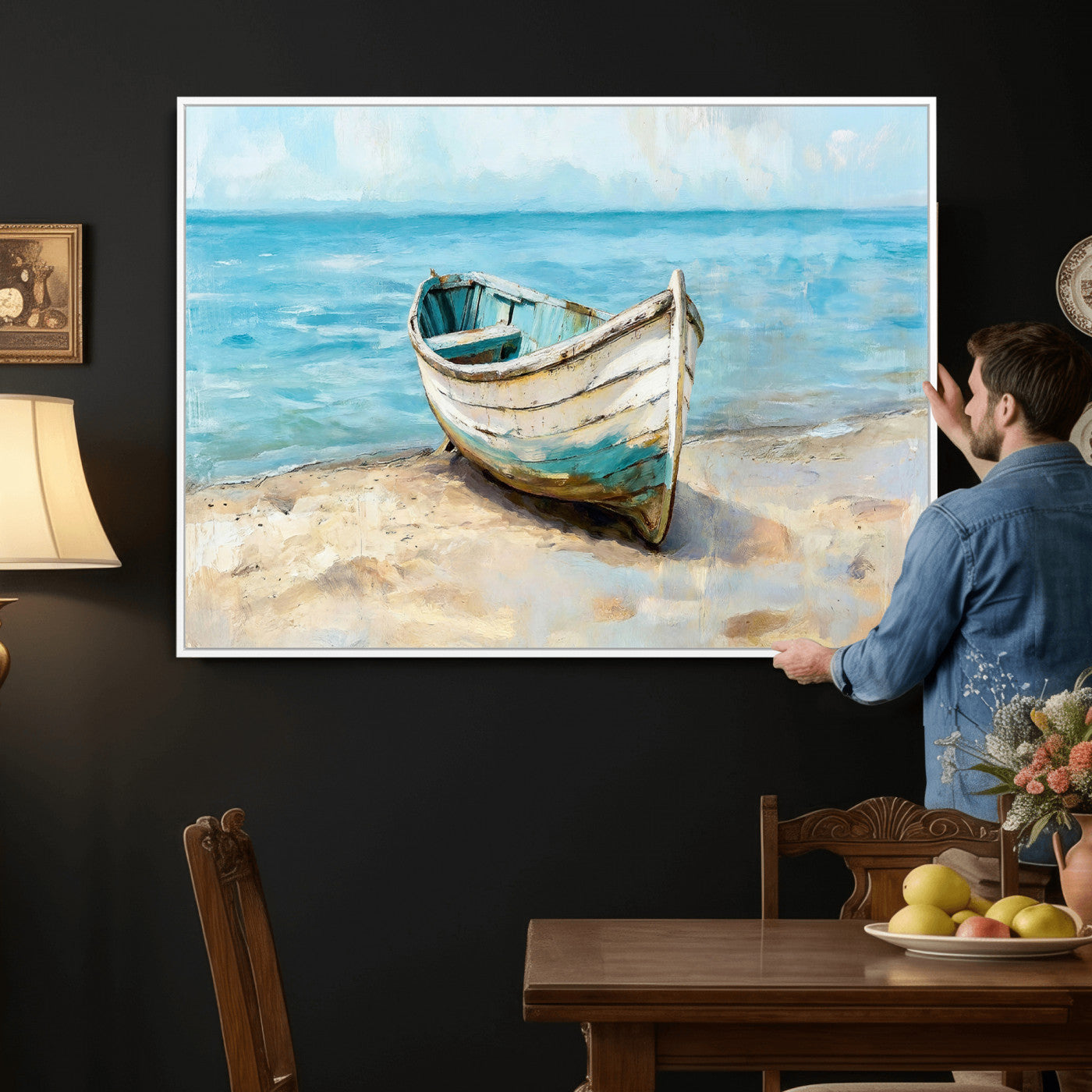 14780565-MGV-CV-36X24 - Coastal Boat Canvas Wall Art Print, Beach Boat Painting, Nautical Ocean Decor, Seascape Wall Art - Ready to Hang