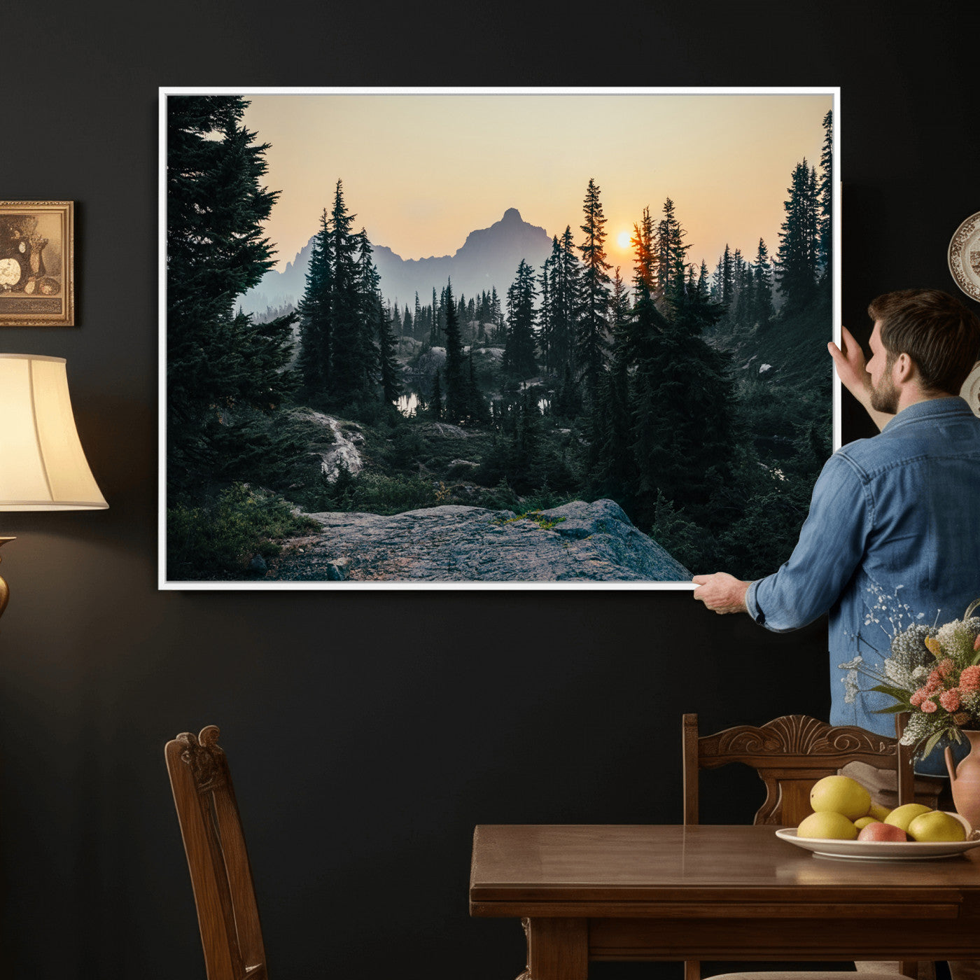 89996020-MGV-CV-36X24 - Mountain Forest Canvas Wall Art Print, Pine Tree Landscape, Sunset Nature Photography, Wilderness Wall Decor, Ready to Hang