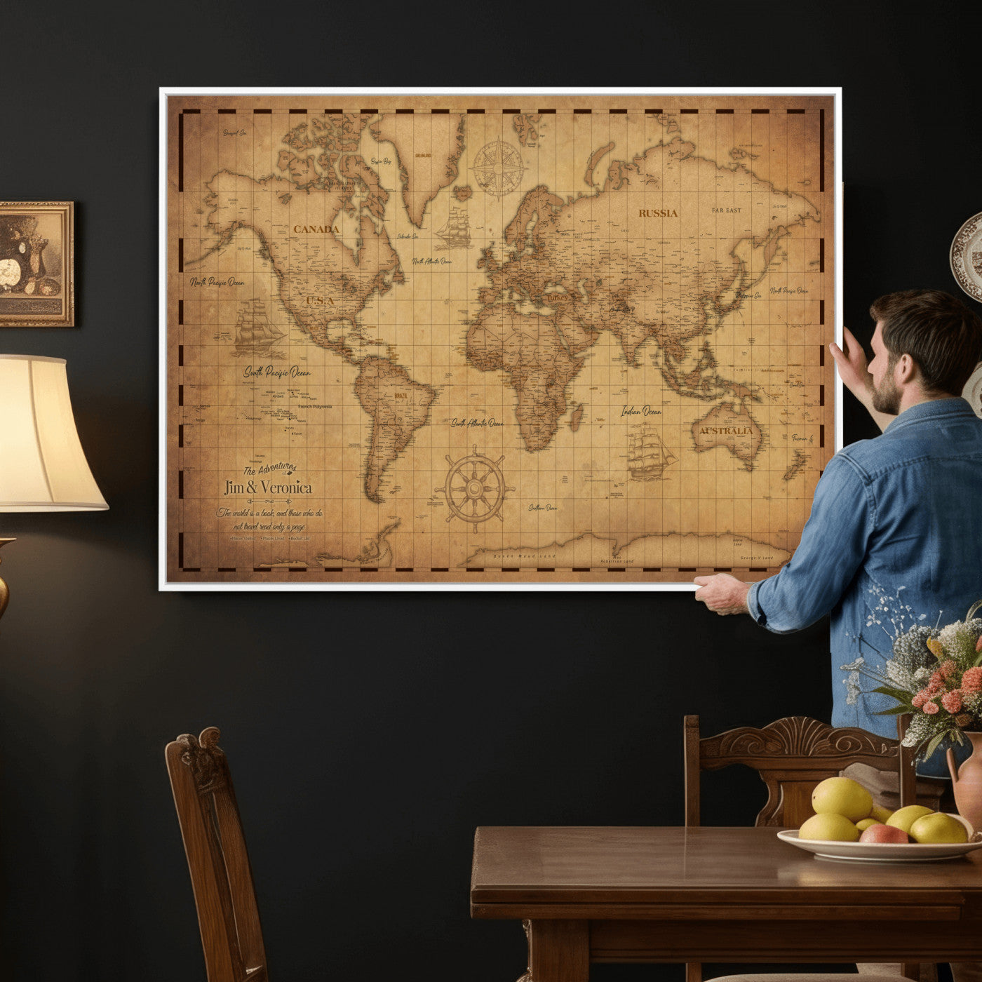 55328610-MGV-CV-36X24 - Personalize Push Pin World Map Wall Art Print | Vintage Travel Map Canvas, Custom Names Anniversary Gift, Places Visited Pin Board