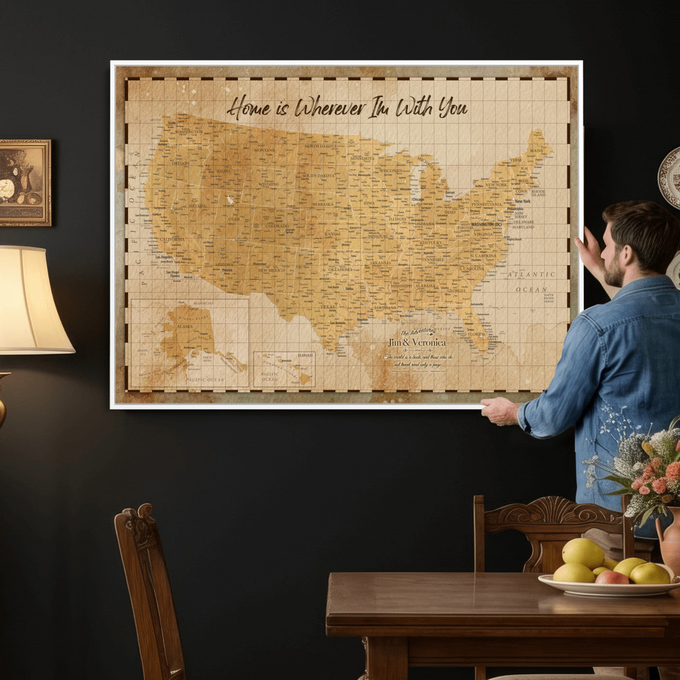 62164711-MGV-CV-36X24 - Personalized USA Push Pin Travel Map, Custom United States Map, Push Pin Map, USA Bucket List Map, Anniversary Gift, Couple Travel Map Wall Art